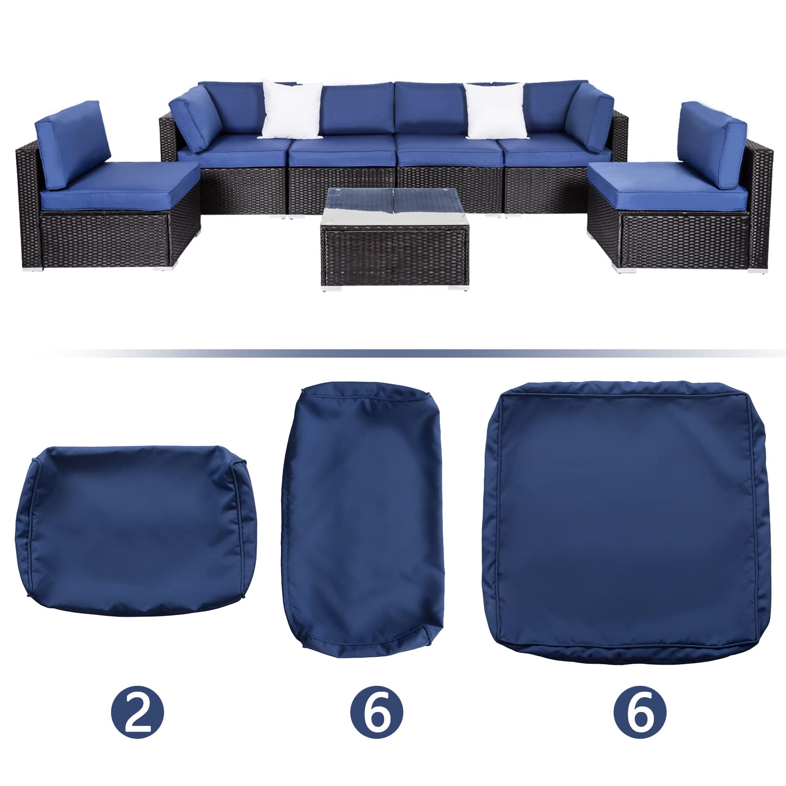 Kinsuite 14-Piece Waterproof Patio Cushion Covers Set - Replacement Slipcovers for 7-Piece Outdoor Wicker Sectional Sofa (Dark Blue) | Durable Outdoor Furniture Protection for Backyard, Deck & Poolside
