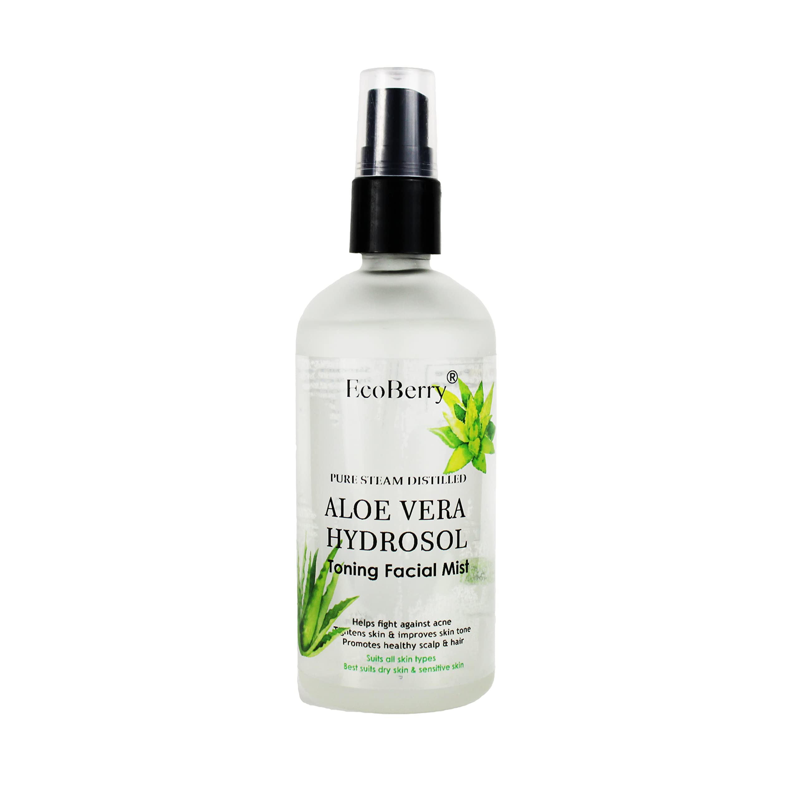 EcoBerry Pure Steam Distilled Aloe Vera Hydrosol Facial Toner Mist - Soothes Sunburn, Anti-Aging Skin Care, Promotes Hair Growth & Reduces Dandruff - 100% Natural, Handmade, Chemical-Free, Paraben-Free, Vegan Formula - Perfect for Daily Skincare, Post-Sun Care & Hair Treatment
