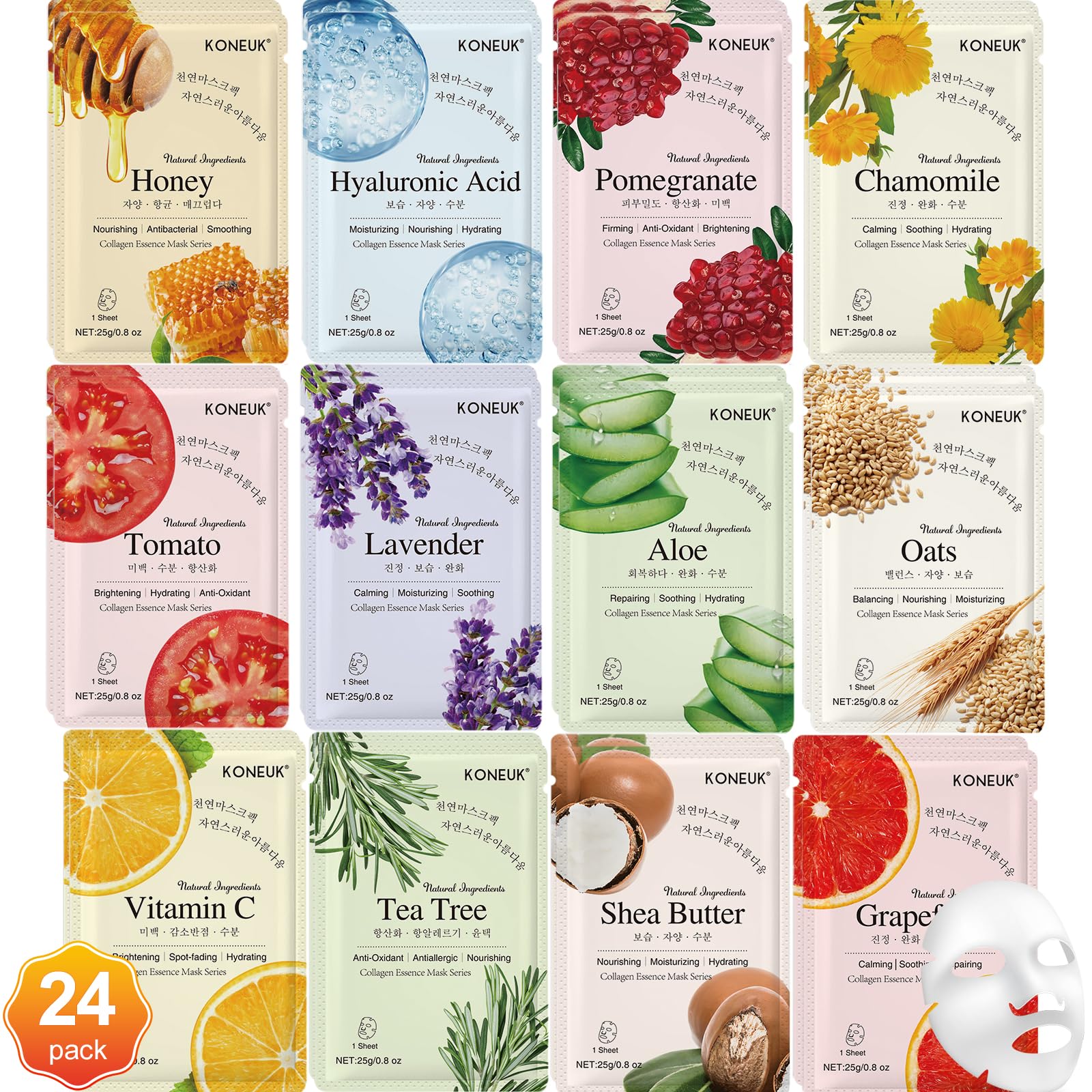 24 Pack Hydrating Collagen Essence Sheet Face Masks for Women - All Skin Types, Spa & Skincare Gift Set - Perfect for Daily Hydration, Spa Parties & Self-Care Routine