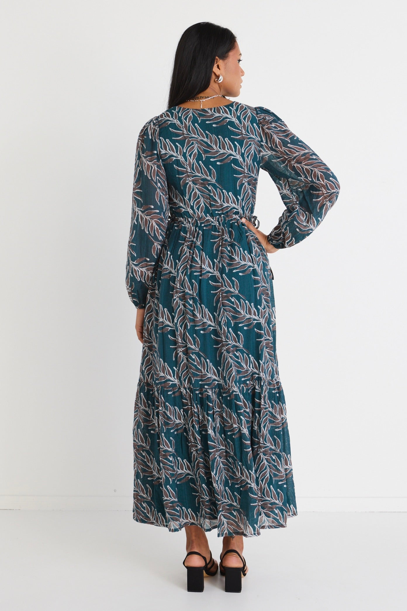 Aroha Forest Leaves Long Sleeve V-Neck Tiered Tie Waist Maxi Dress for Women - Boho Floral Summer Beach Wedding Party Dress