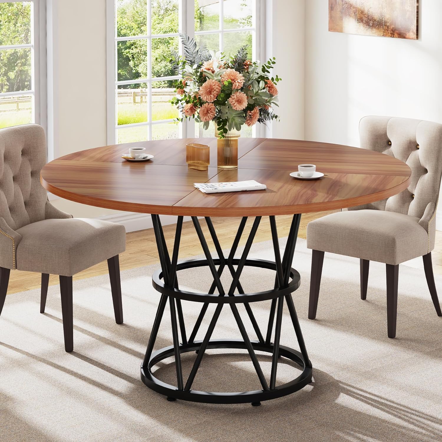Tribesigns 47-Inch Round Dining Table for 4 - Solid Wood Kitchen Table with Metal Base in Brown & Black - Perfect for Small Spaces, Breakfast Nooks, and Cozy Dining Rooms