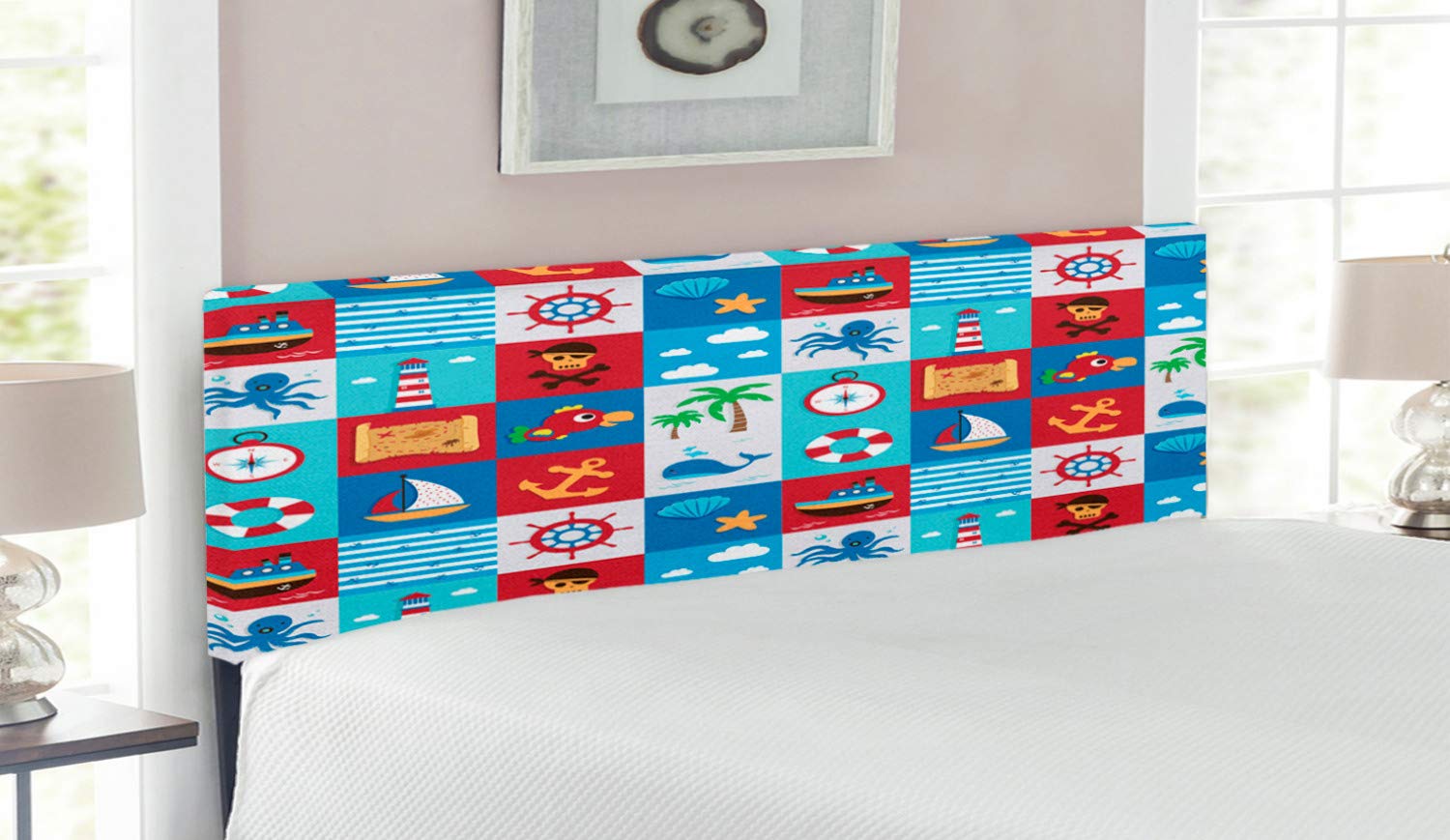 Ambesonne Marine Upholstered Headboard - Queen Size Cartoon Nautical Sea Life Design with Memory Foam | Decorative Metal Bed Frame for Coastal & Pirate Themed Bedrooms | Perfect for Beach House, Kids Room & Maritime Decor