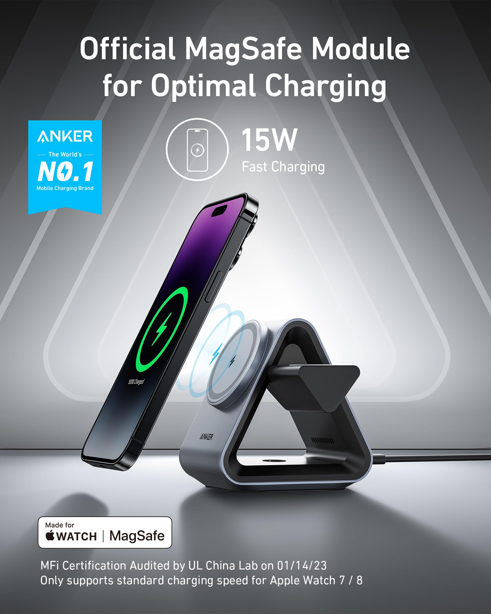 Anker MagGo 3-in-1 Magnetic Wireless Charging Station - MFi Certified 15W Max Fast Charger for iPhone 16/15/14/13/12, Apple Watch Series 8/7/6 & AirPods 3/Pro (Includes 30W USB-C Adapter) - Perfect for Home, Office & Travel Charging