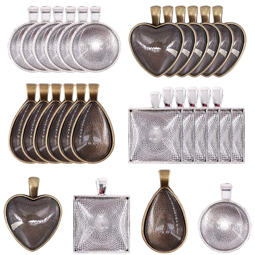 EXCEART 48pcs DIY Pendant Making Kit - Tibetan Alloy Trays, Blank Bezels & Glass Cabochons for Photo Jewelry Crafting - Perfect for Necklaces, Bracelets & Handmade Gifts
