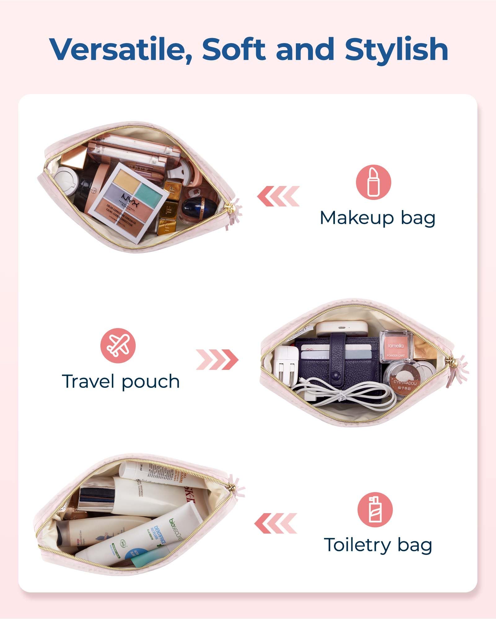BAGSMART Large Puffy Makeup Bag for Women - Travel Cosmetic Organizer with Wide Opening, Holds Brushes & Toiletries (Pink) | Perfect for Travel, Gym, Daily Purse Storage & Beauty Essentials Organization