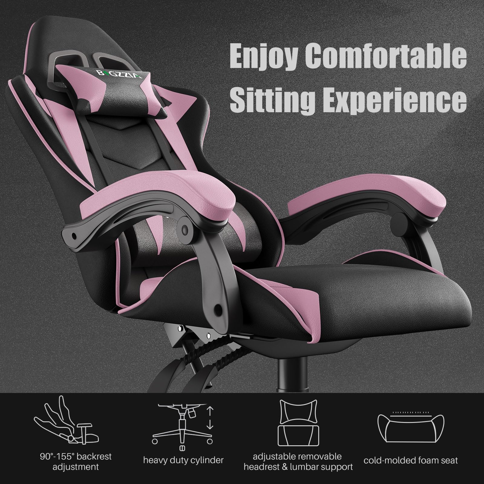 Bigzzia Ergonomic Gaming Chair for Adults - Adjustable Height, Reclining, 360° Swivel Racing Style Office Chair with Headrest & Lumbar Support - Black/Pink - Perfect for PC Gaming, Streaming & Home Office Work
