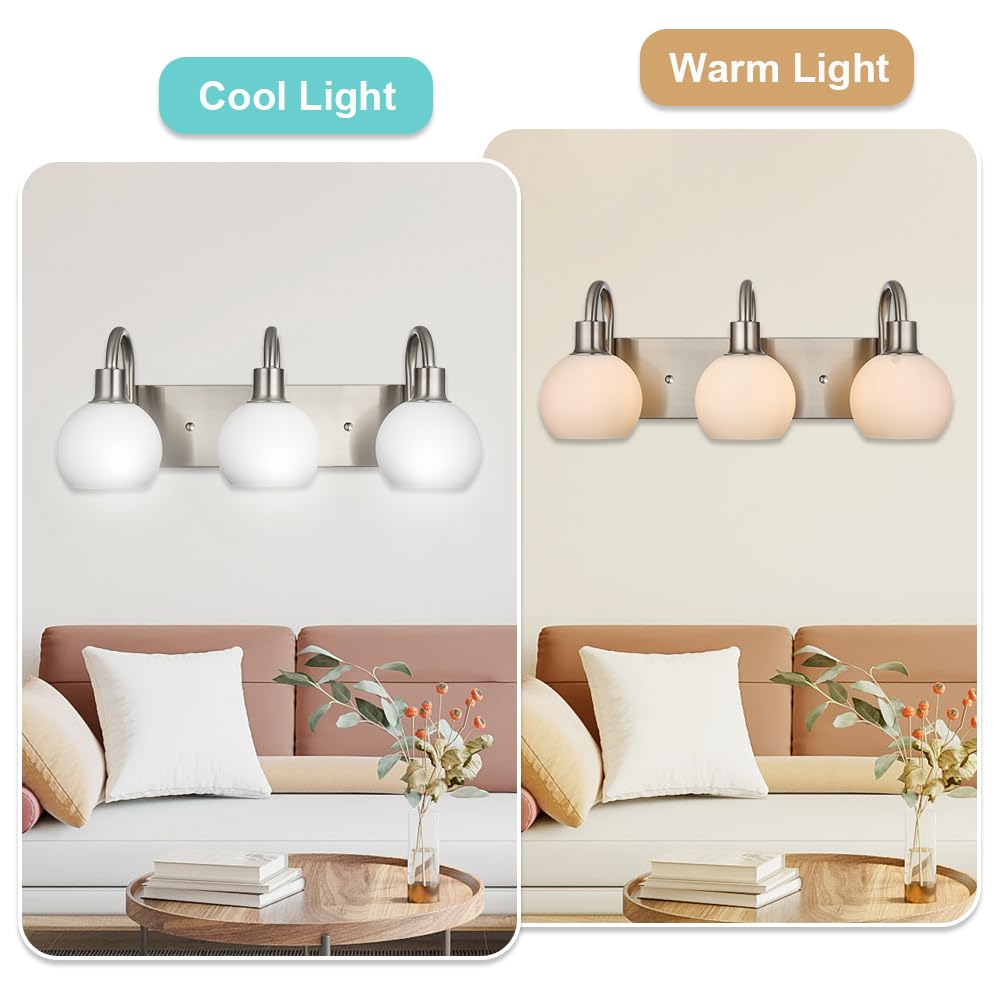 20.4 Inch Modern Bathroom Vanity Light Fixture - 3-Light Brushed Nickel with Milk White Globe Glass - Perfect for Bathroom, Over Mirror, Sink, Hallway & Bedroom Lighting