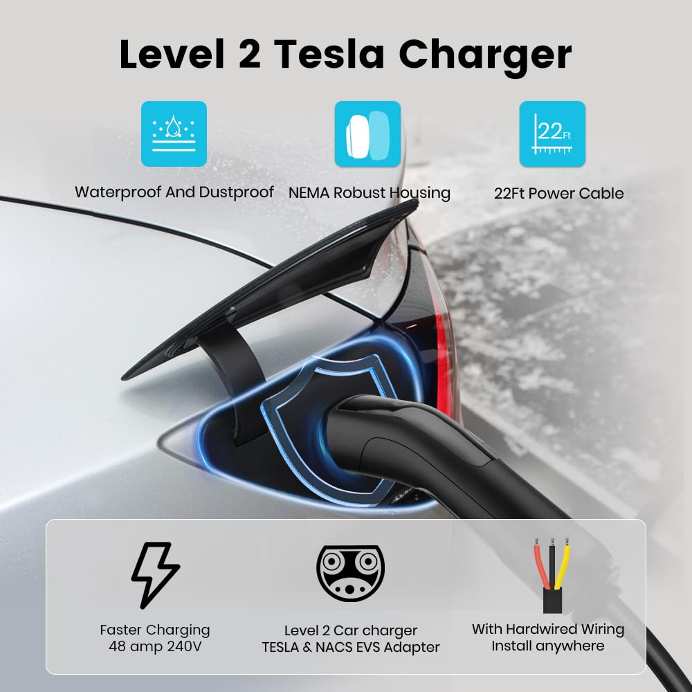 AWESAFE Level 2 EV Charger for Tesla - 48 Amp Smart WiFi Enabled Electric Vehicle Charging Station with NEMA 14-50/Hardwired, Mobile App Control - Indoor/Outdoor Home & Commercial Use for Fast Charging
