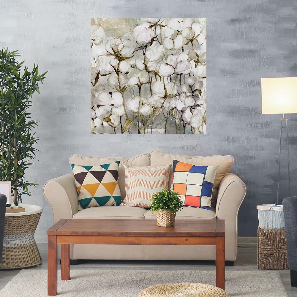 Botanical Wall Art Canvas Prints - 48x48 Inch Cotton Field & Plant Pictures for Bathroom & Bedroom Decor - Handmade by Artist Carol Robinson - Perfect for Home, Office & Spa Interior Design