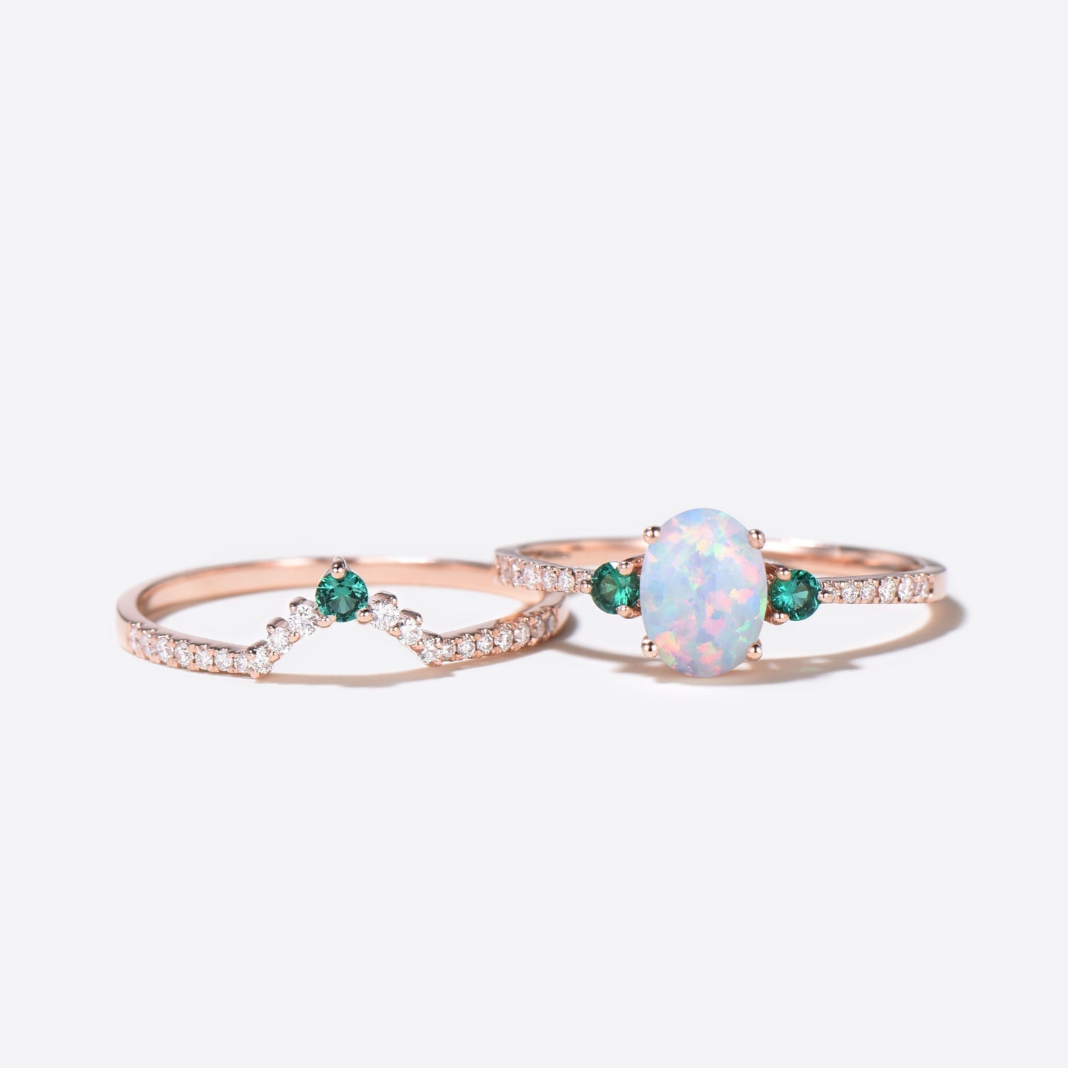 Antique Diamond & Emerald Engagement Ring Set with Lab Opal Bridal Wedding Band - Vintage Style for Bridal Jewelry, Wedding Proposal & Anniversary Gifts