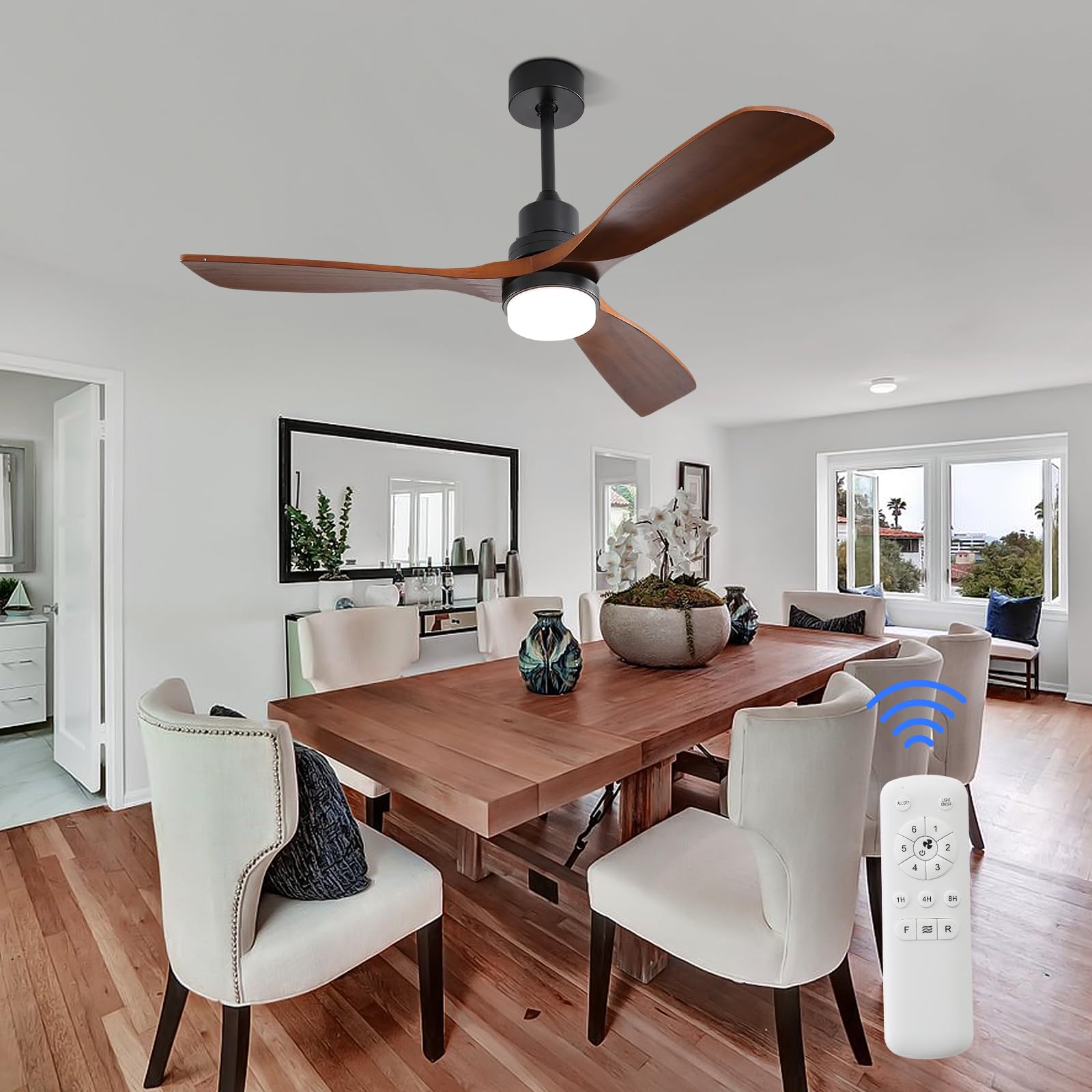 52 Inch Walnut Ceiling Fan with Light and Remote Control - 3 Wooden Blades, Dimmable 3-Color LED Light, 6-Speed DC Reversible Silent Motor for Living Room, Bedroom, and Office