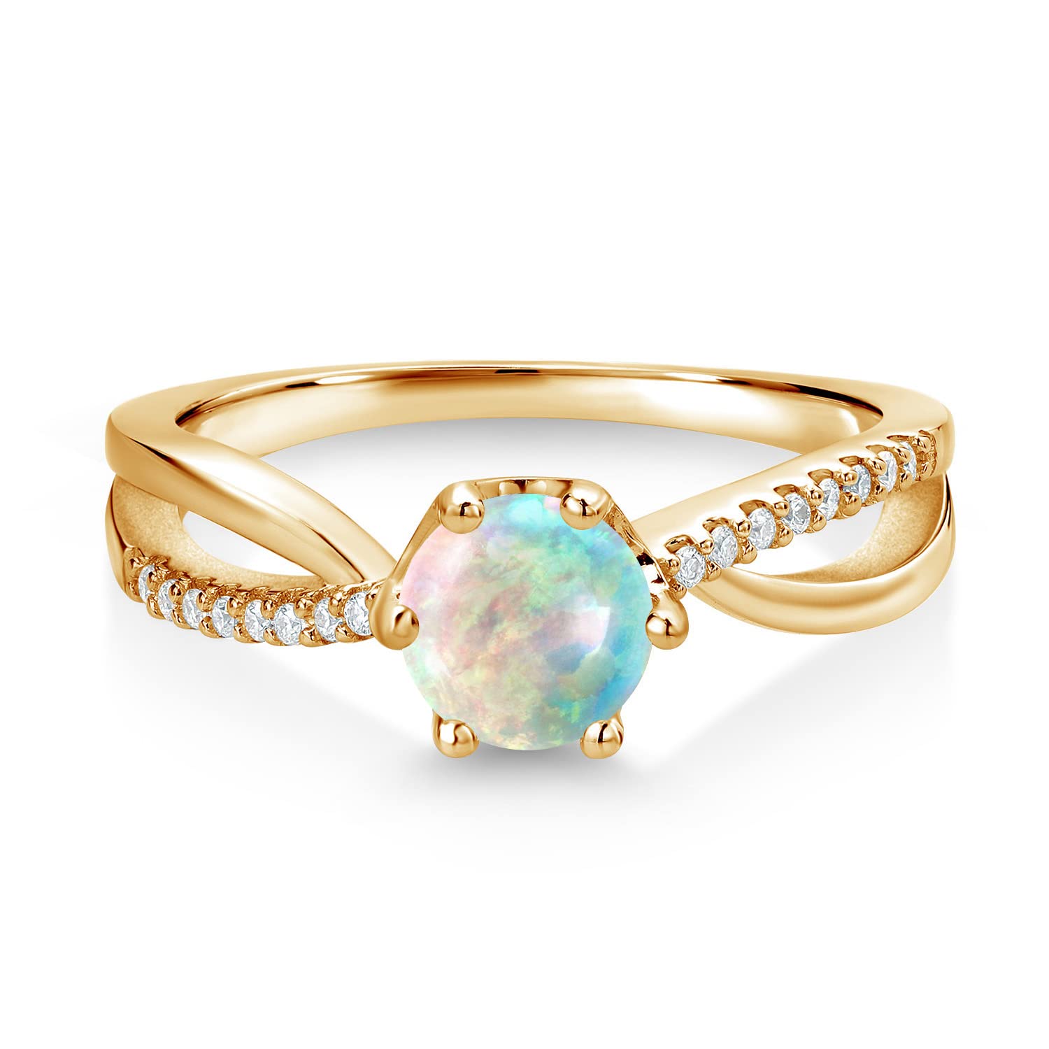 18K Yellow Gold Plated Silver Ring with Round Cabochon Simulated Opal & Moissanite (1.08 CTTW) - Elegant Jewelry for Women, Perfect for Weddings, Anniversaries & Special Occasions