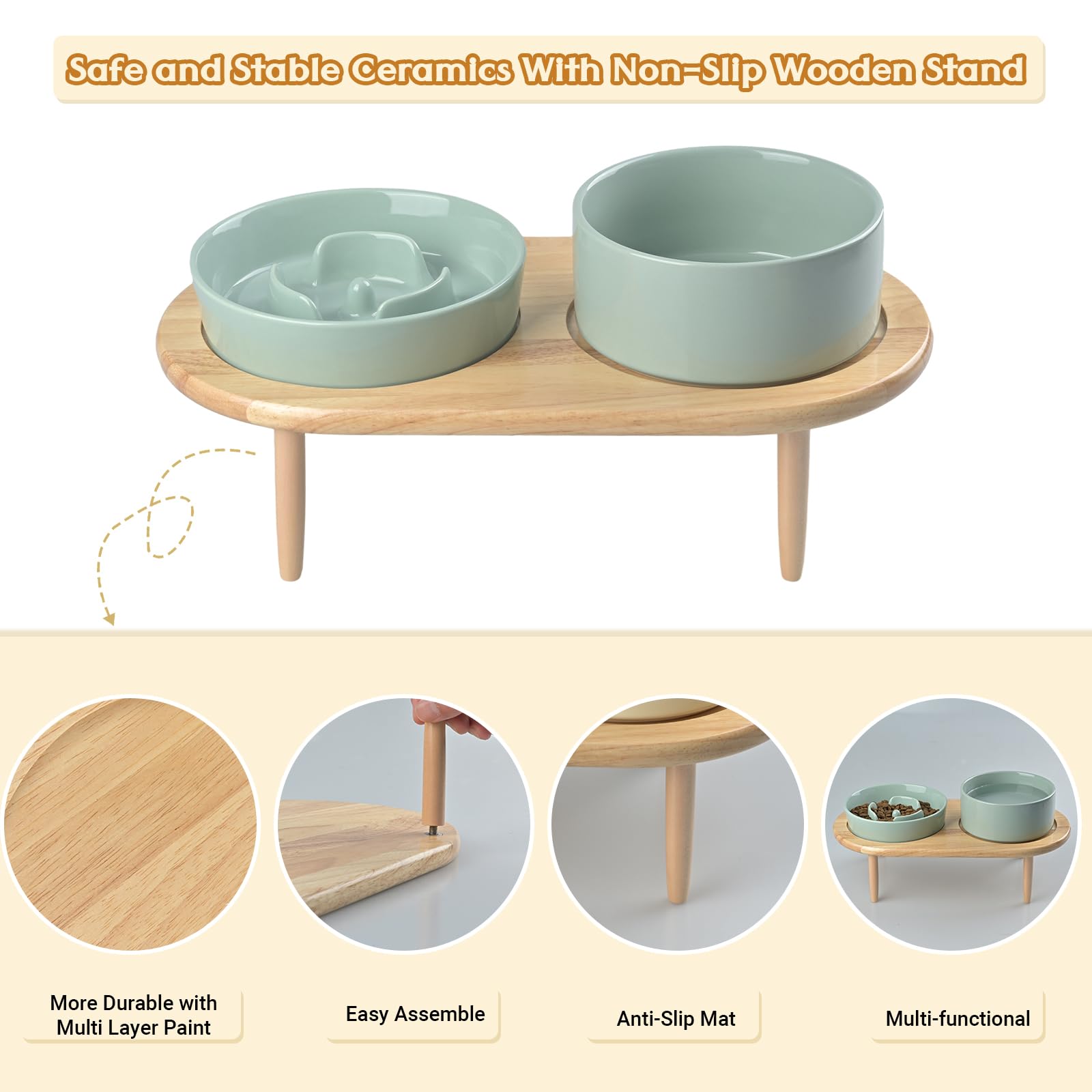 SPUNKYJUNKY Raised Ceramic Slow Feeder Dog Bowl with Water Dish Combo - Adjustable Anti-Choking Elevated Pet Feeder Set for Small & Medium Breeds (Light Green) - Perfect for Mealtime Safety & Mess-Free Feeding at Home or Travel