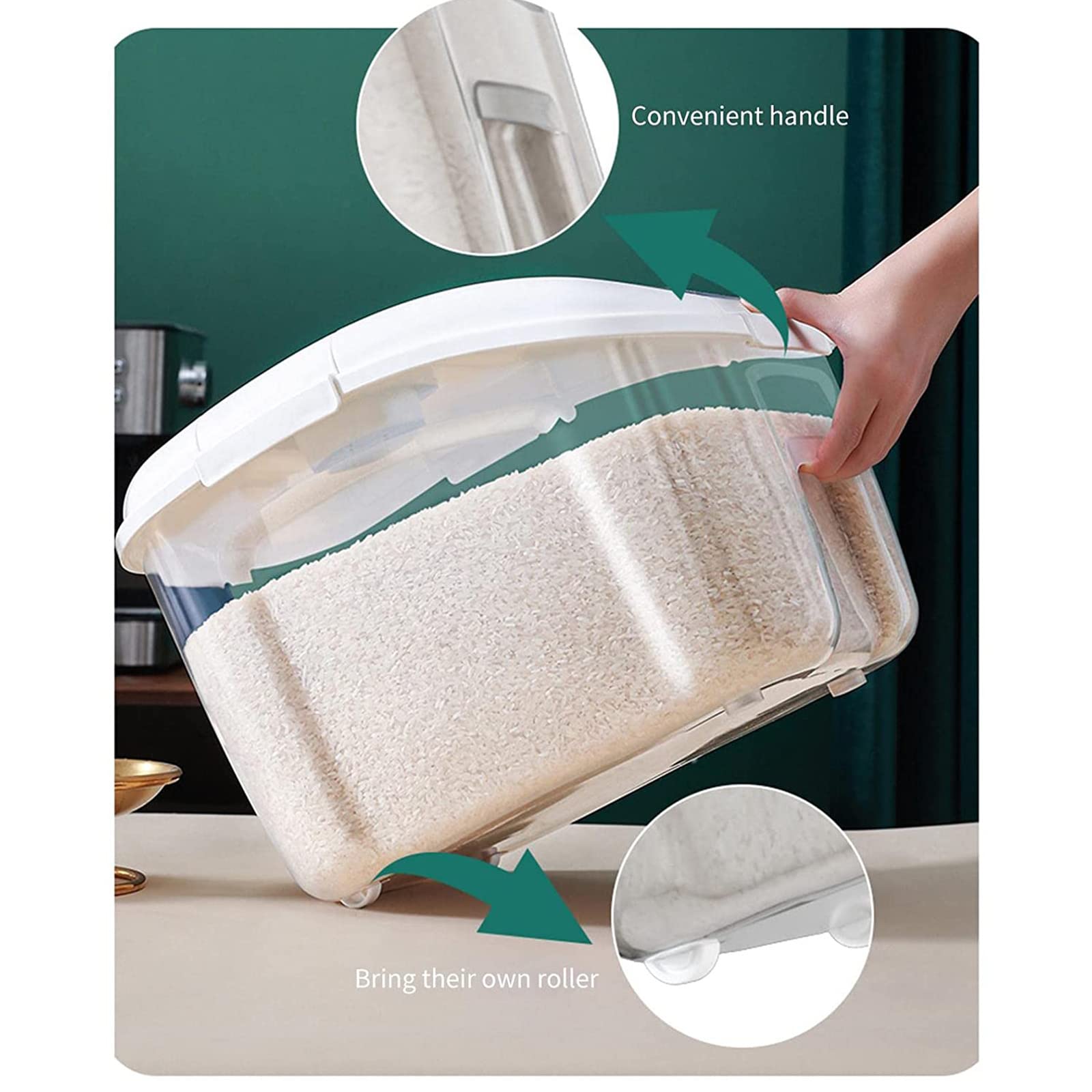 MOTOFUTURE 10kg Airtight Grain Storage Container - Sealed Rice Bin, Kitchen Food Storage Box with Measuring Cup for Beans, Corn, Oats & Rice - Perfect for Pantry Organization & Bulk Food Storage (Green)