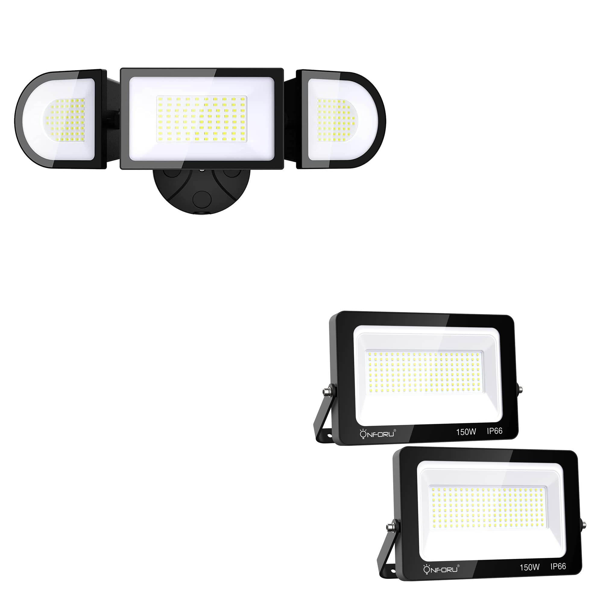 Onforu 2 Pack 150W LED Flood Light & 100W LED Security Lights - 12000LM & 9000LM Bright Outdoor Lighting, 6500K Daylight White, IP65 Waterproof - Perfect for Garage, Patio, Yard, Playground, Basketball Court & Security Lighting