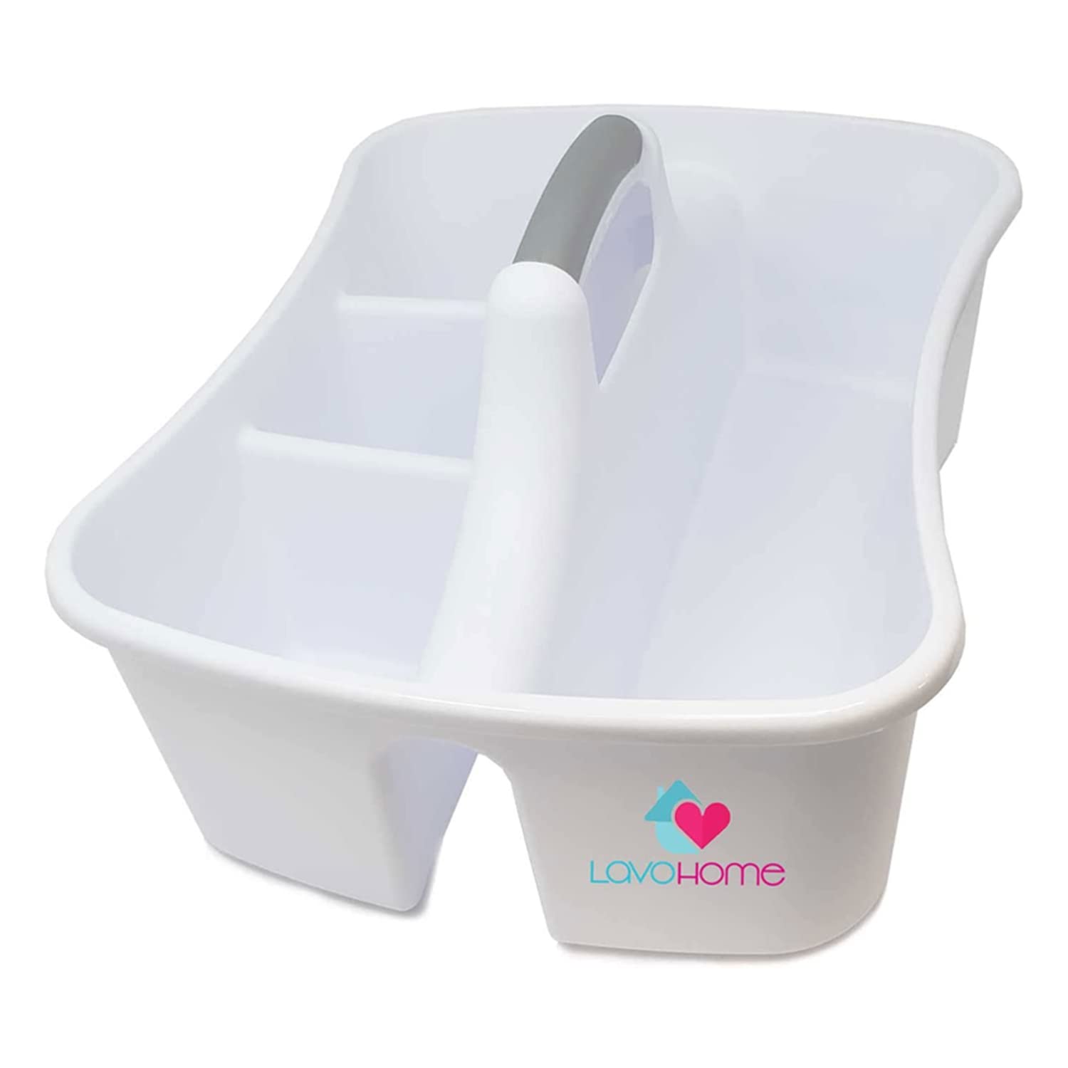 LavoHome White Bath Caddy Organizer with Divided Compartments & Handles - Large Cleaning Tote for Storing Bathroom Accessories, Cleaning Supplies | Perfect for Shower Organization, Spa Days & Household Cleaning Tasks