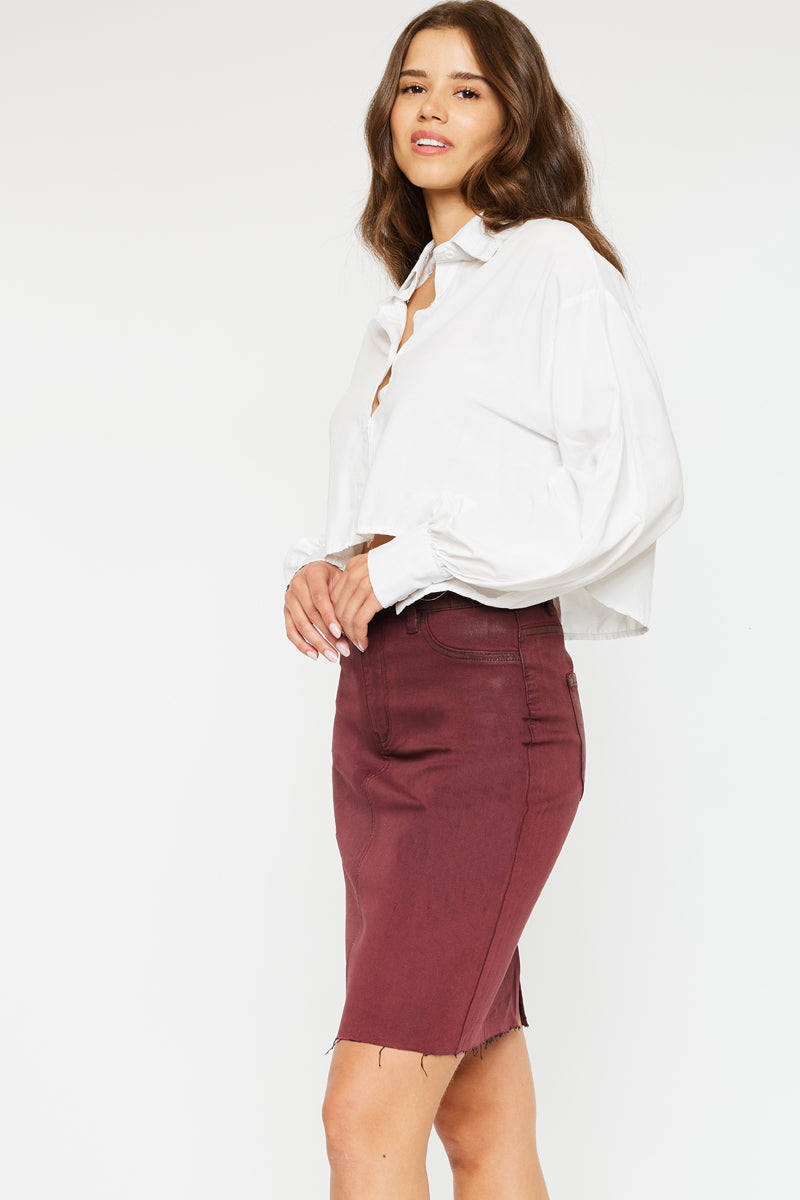 Zane High Rise Coated Midi Skirt for Women - Stretchy Faux Leather Pencil Skirt with Side Slits | Perfect for Office, Date Night & Fall Fashion Outfits