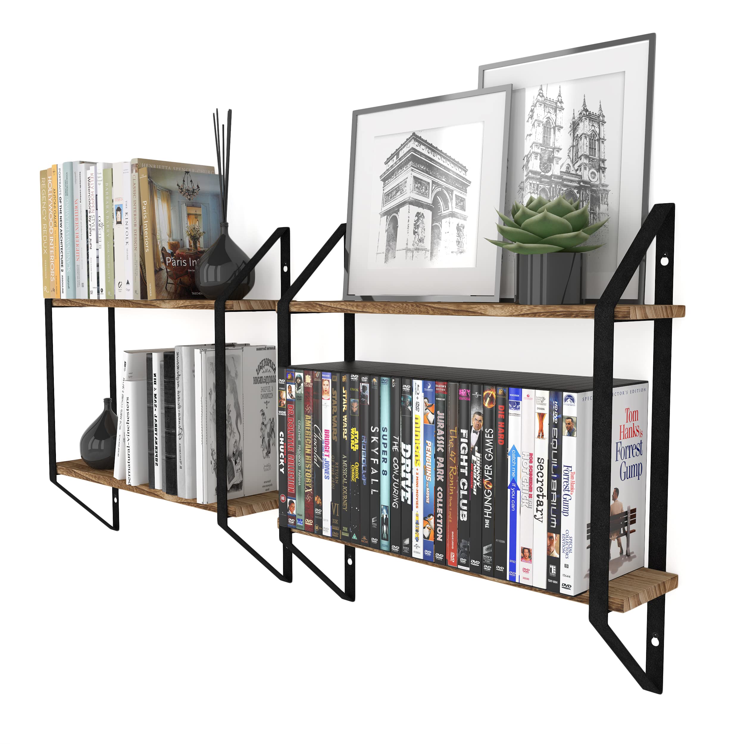 Wallniture Ponza Floating Bookshelf and CD DVD Storage Shelf Set of 2 - 2-Tier Rustic Wood Wall Shelves for Living Room, Bedroom, Office Decor - Natural Burned Wood Finish - Perfect for Books, DVDs, Plants & Home Organization