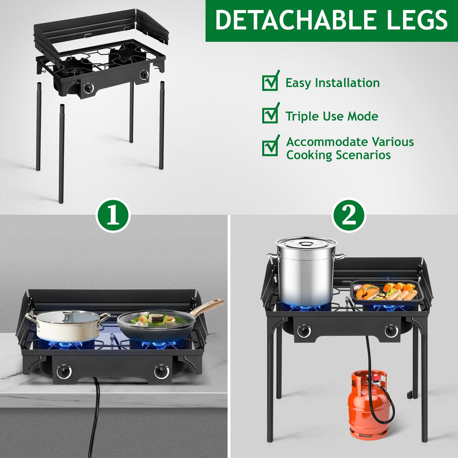 Outvita 2 Burner Propane Gas Stove - 150,000 BTU Outdoor Camping Cooker with Windscreen & Detachable Legs - Perfect for Backyard BBQ, Turkey Frying, Baking & Picnics - Portable Stove for Camping, Tailgating & Emergency Cooking