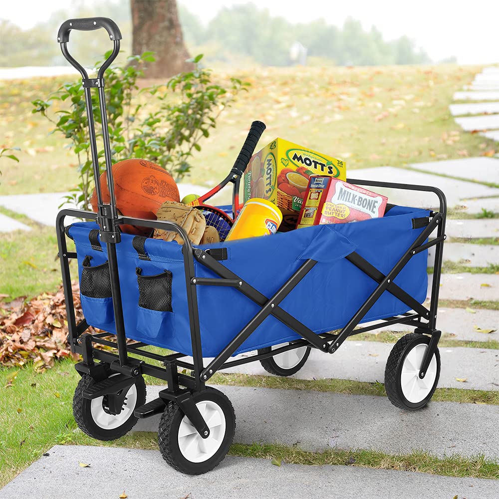 Heavy Duty Folding Garden Wagon Cart with 2 Cup Holders & 6.5 Inch Wheels | Durable Collapsible Utility Cart for Outdoor, Camping, Picnic, Beach, Park | Portable Multipurpose Wagon for Gardening, Yard Work, Groceries, and More (Blue)