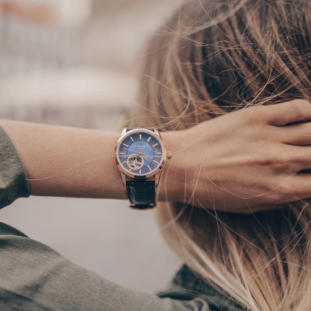 Aries Gold Blue Dial Women's Watch with Brown Leather Strap - L 9023 RG BU - Elegant Timepiece for Office, Party & Everyday Wear