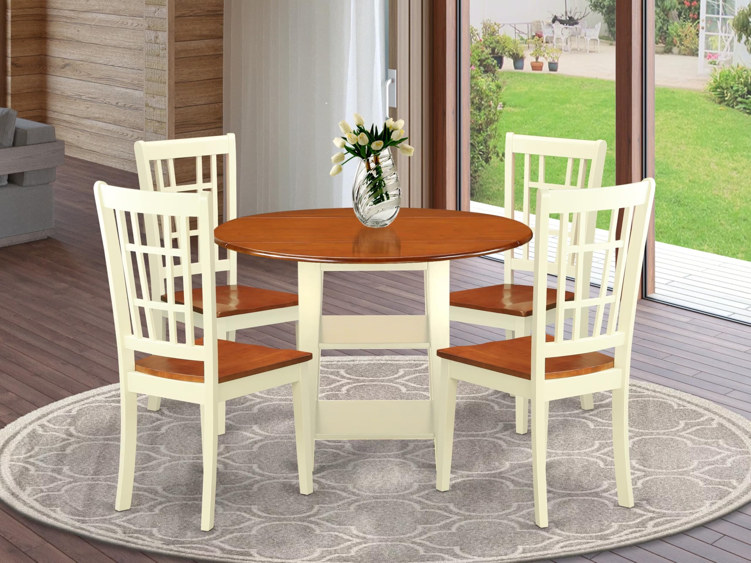 East West Furniture SUNI5-BMK-W 5-Piece Modern Dining Set - Round Wooden Drop-Leaf Table with Shelves & 4 Chairs, 42x42 Inch, Buttermilk & Cherry - Perfect for Small Spaces, Breakfast Nooks & Cozy Dining Rooms