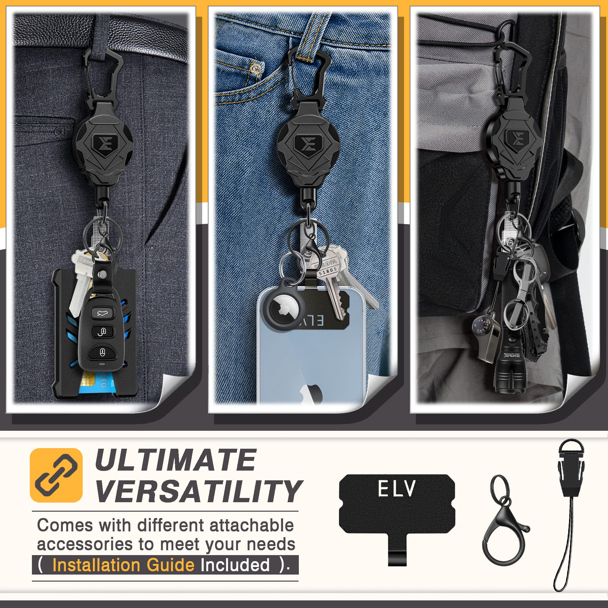 ELV Heavy Duty Retractable Keychain - Magnetic Closure & Carabiner, 31