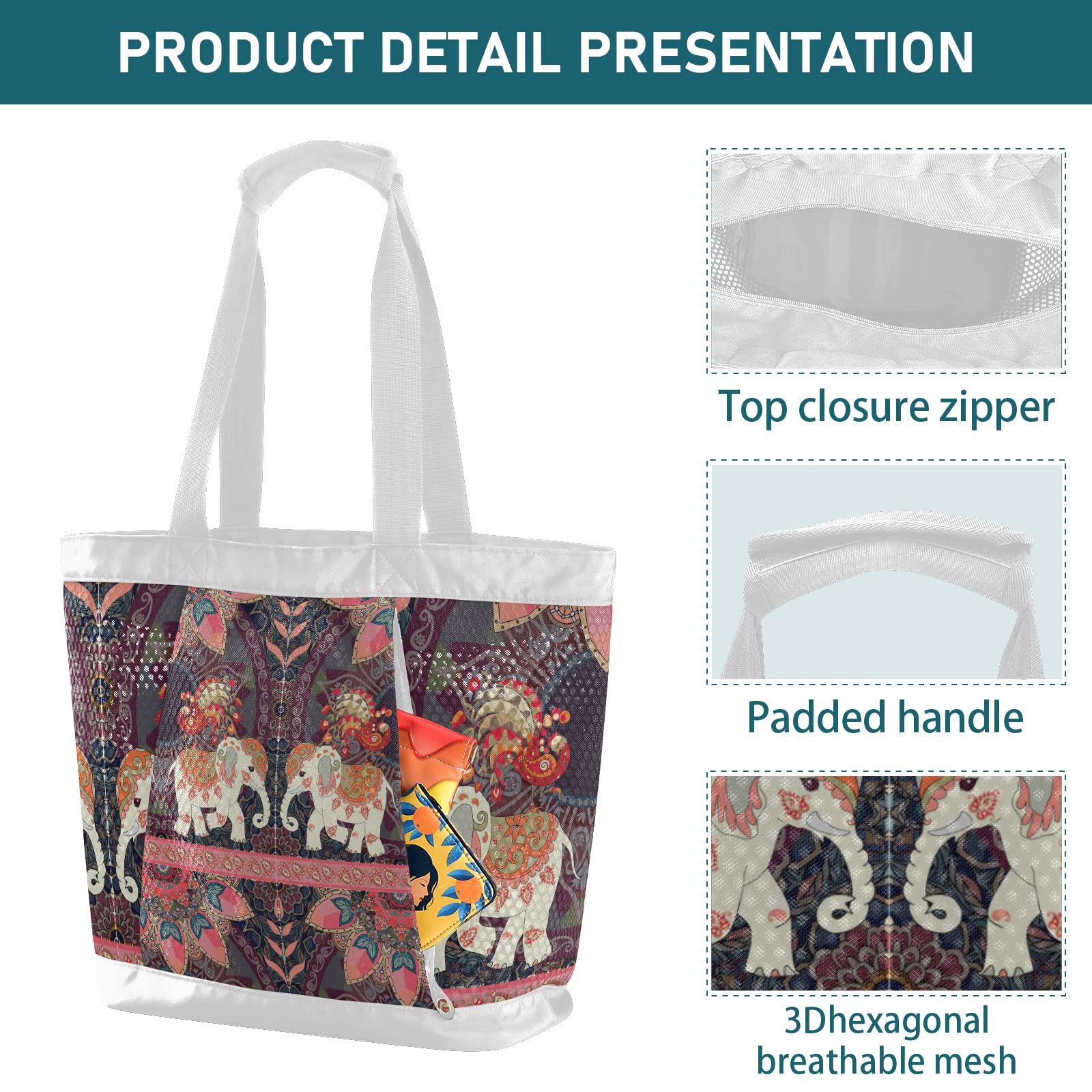 Exotic Elephants & Peacocks Mesh Beach Tote Bag - Large Waterproof Sandproof Beach Bag for Women, Pool, Gym & Sports | Perfect for Summer Vacation, Travel & Outdoor Activities