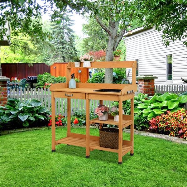 Heavy Duty Wooden Potting Bench with Storage Shelf - Outdoor Garden Planting Work Station, Moisture-Resistant Metal Flower Pot Holder & Planter Table for Gardening, Landscaping & DIY Projects