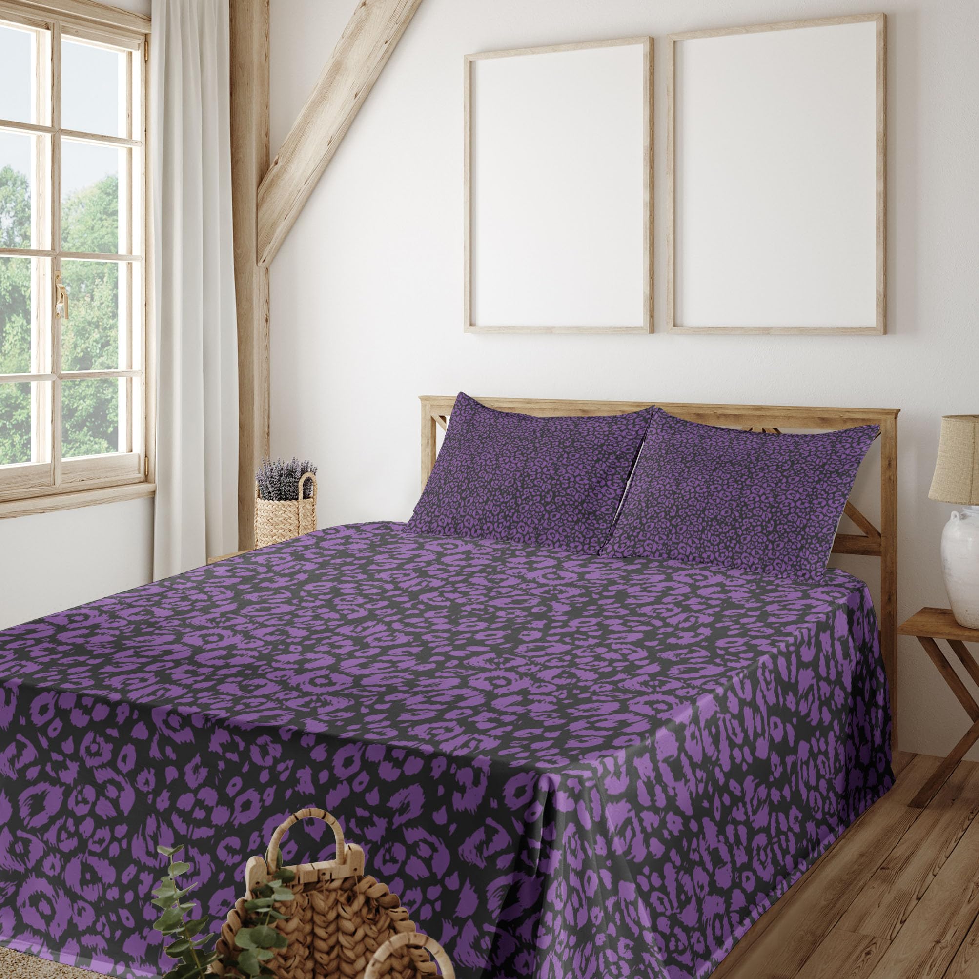 Ambesonne Abstract Leopard Print Sheet Set - Geometric Monochrome Design, King Size 4-Piece Bedding Set with Fitted Sheet, Flat Sheet & Pillowcases in Violet & Charcoal Grey - Perfect for Modern Bedrooms, Guest Rooms & Luxury Home Decor