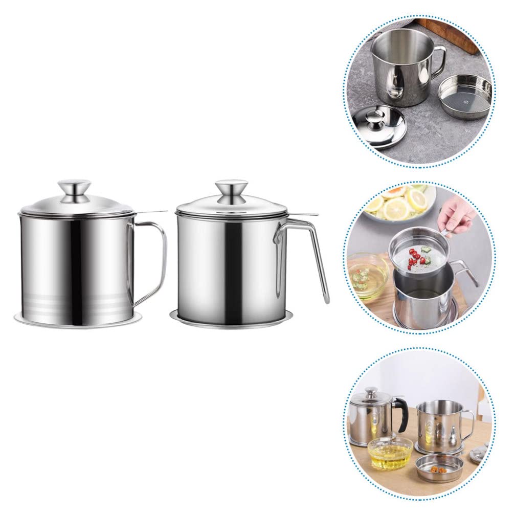 Hemoton 2-Pack Stainless Steel Grease Containers with Lids - Oil Strainer Pot for Kitchen, Cooking & Frying - Durable Food-Grade Storage for Used Cooking Oil, Drippings & Grease - Ideal for Restaurants, Home Kitchens & Outdoor BBQ