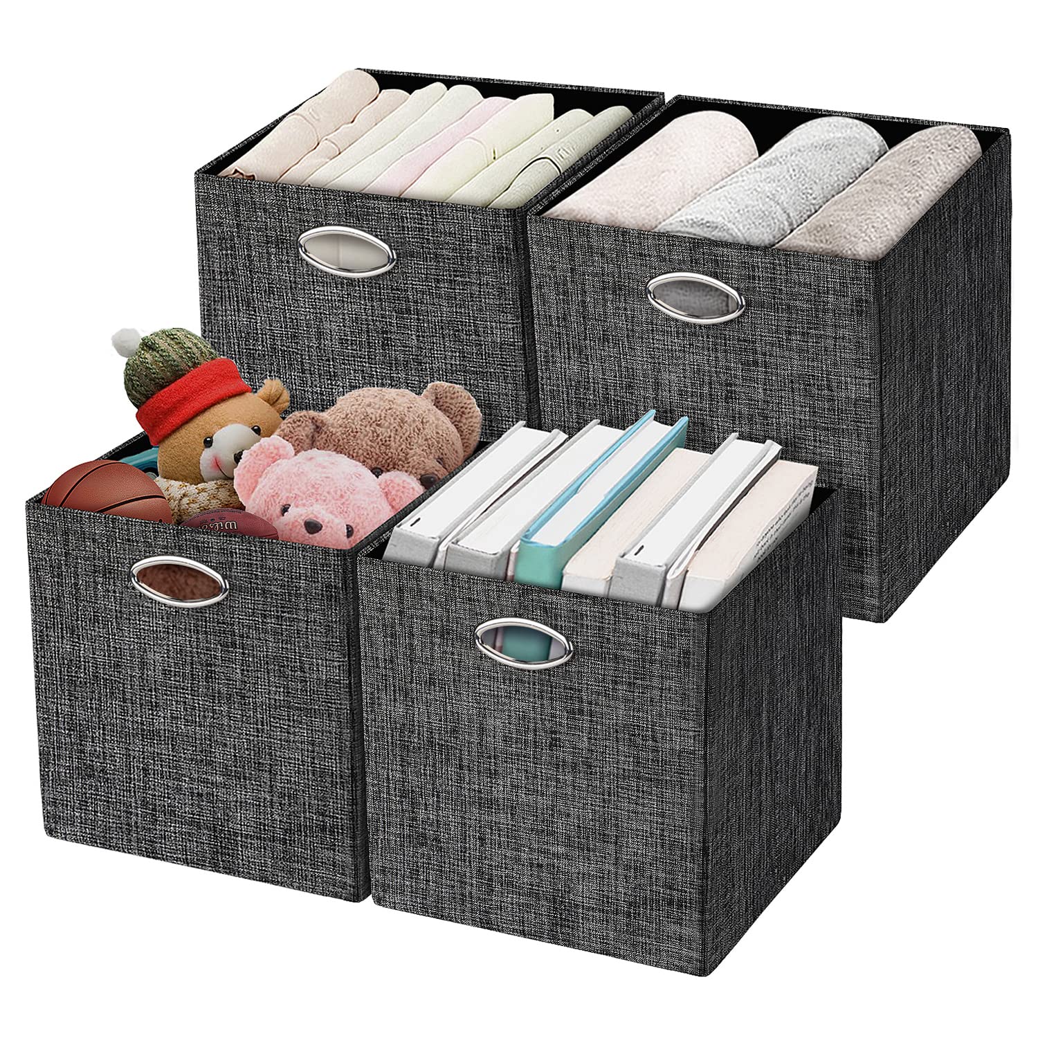 Posprica 12x12 Storage Cubes - Foldable Fabric Bins for Shelf & Cabinet (4pcs, Black) - Home Organization