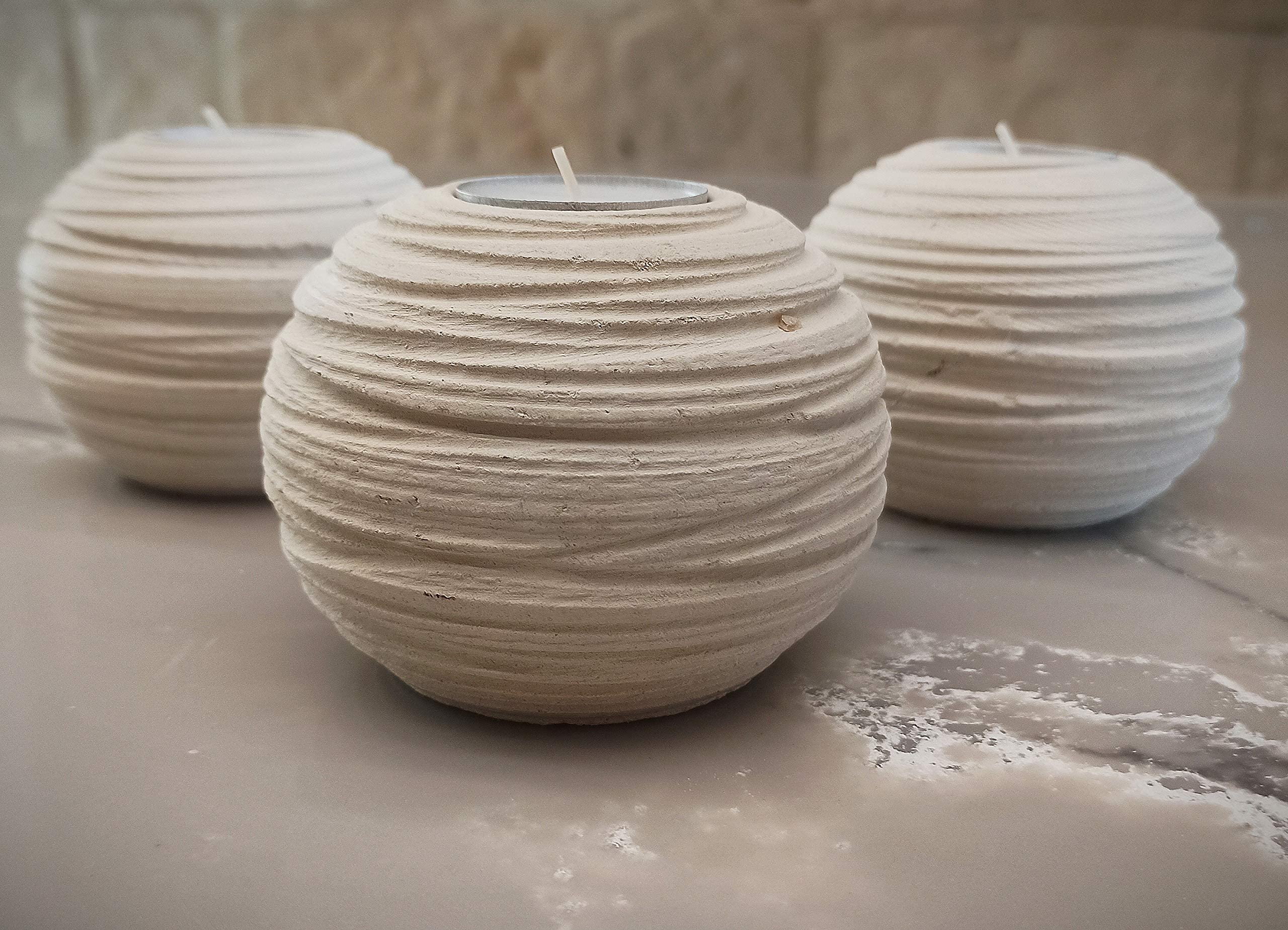 Handmade Italian Grooved Stone Sphere Candle Holders - Set of 3 with Gift Box, Candles & Message Card - Elegant Home Decor for Living Room, Dining Table, Wedding Centerpiece & Coffee Table Display