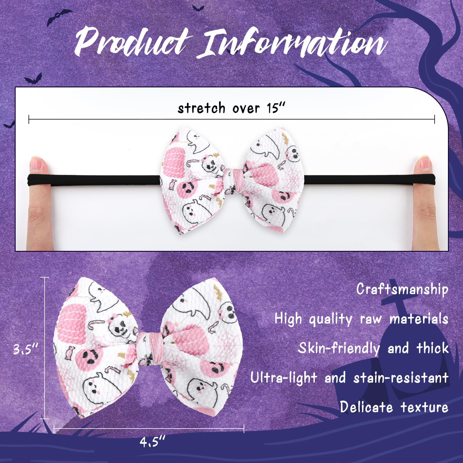 Halloween Baby Headbands with Bows - Pumpkin & Ghost Print for Girls - Party & Photo Props