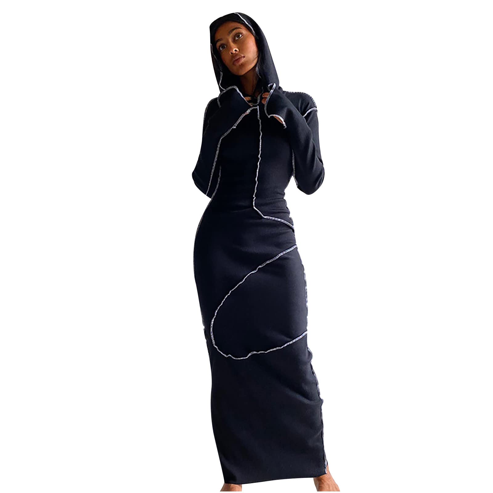 Women's Long Sleeve Hoodie Dress - Solid Color Bodycon Maxi Dress with Stretchy Fabric for Casual Wear | Perfect for Fall Layering, Lounge Wear & Street Fashion