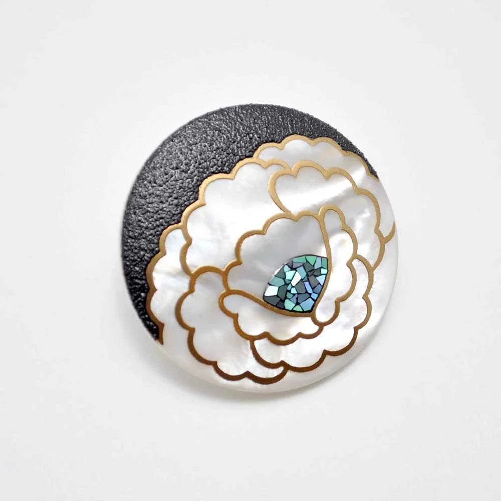 Exquisite Maki-e Urushi Lacquer Brooch with White South Sea Pearl Shell & Peony Design | Traditional Japanese Lacquer Jewelry | Perfect for Formal Occasions, Weddings & Cultural Events
