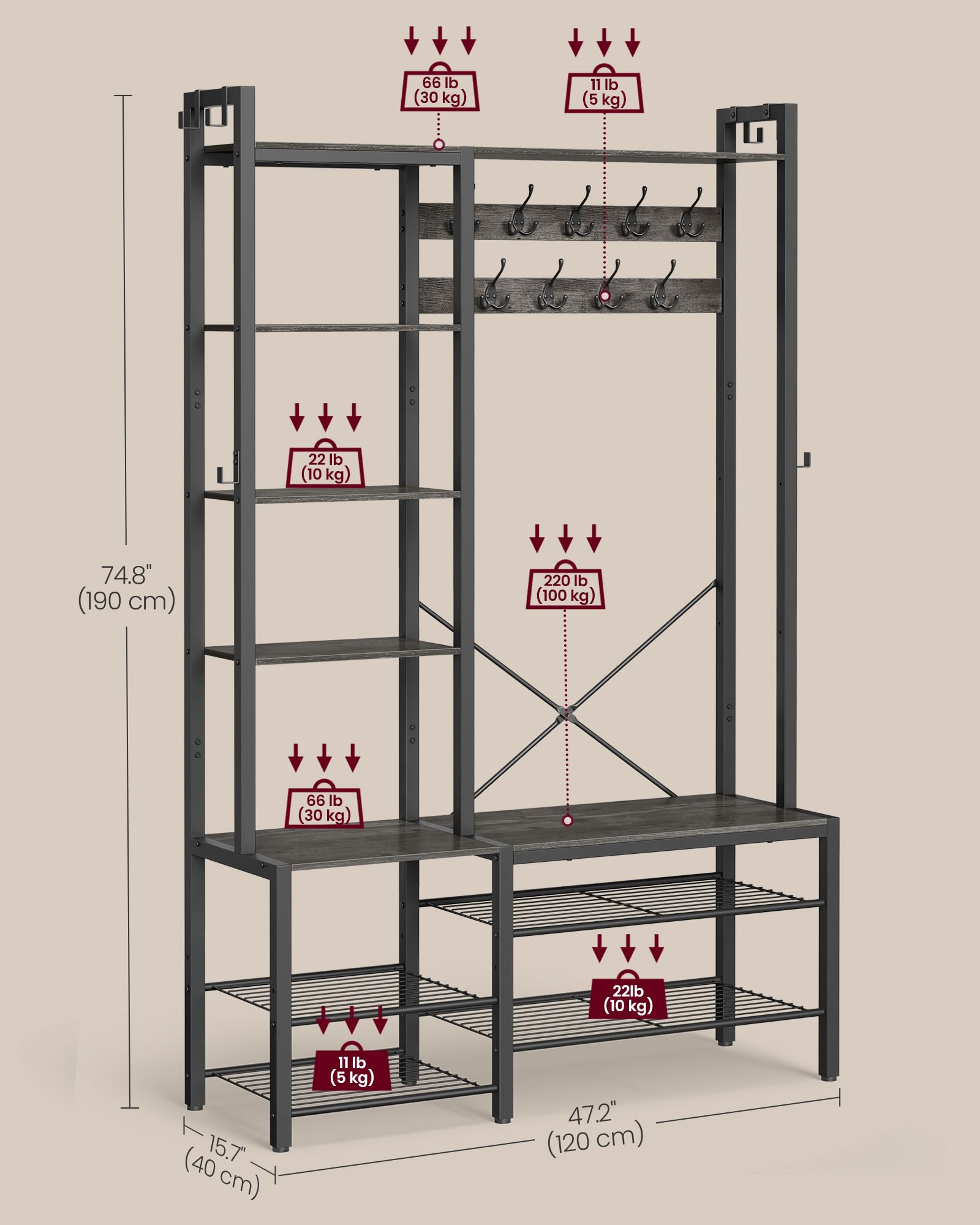 VASAGLE Entryway Hall Tree with Bench - 5-Tier Shoe Storage, 9 Coat Hooks & 6 Side Hooks - 74.8