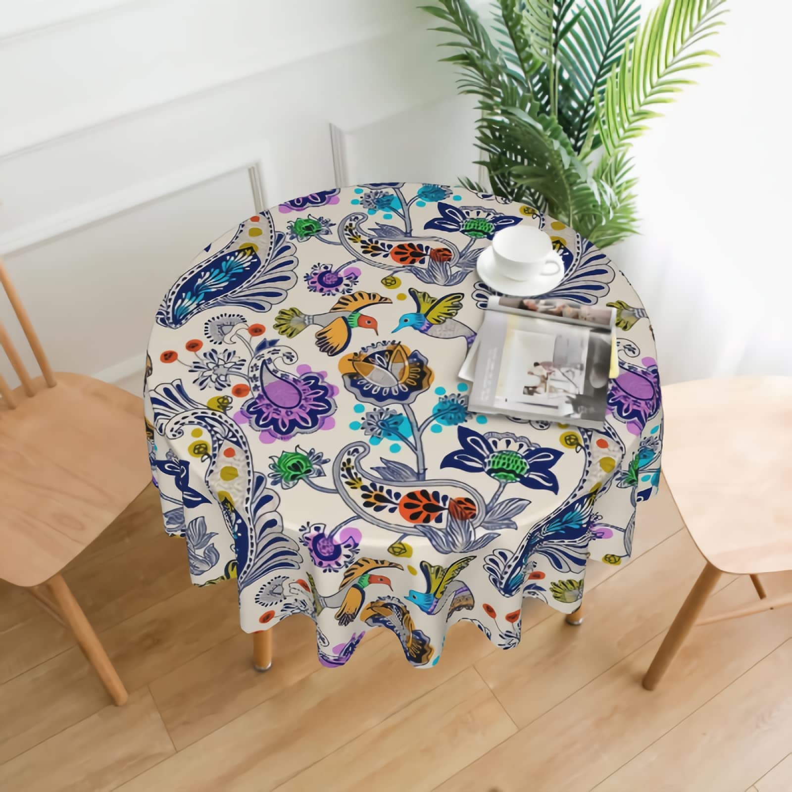 Stylish Paisley Floral Bird Print Waterproof Round Tablecloth - 60 Inch for Wedding, Party, Dining, Holiday & Banquet Decor - Perfect for Indoor and Outdoor Events