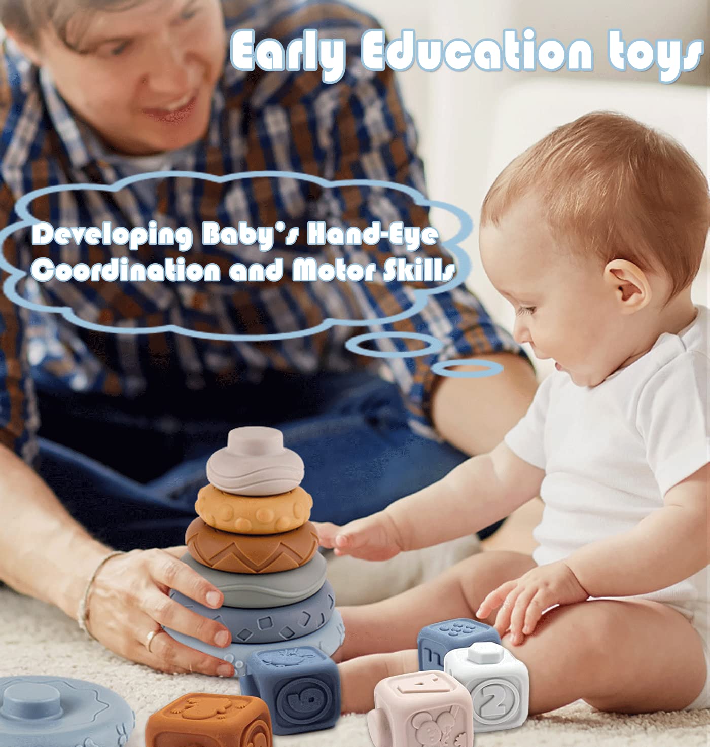 13 Pcs Montessori Sensory Building Blocks & Circles - Early Educational Squeeze Teething Toys with Koala Figure for Babies 6-18 Months | Perfect for Toddler Learning, Fine Motor Skills Development & Sensory Play