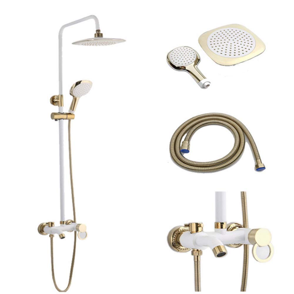 White Gold Double Lift Brass Shower Faucet Set - Hot & Cold Water Mixer with 3 Spray Modes (Rain/Massage/Jet) - High Pressure Booster Showerhead for Bathroom & Spa Relaxation