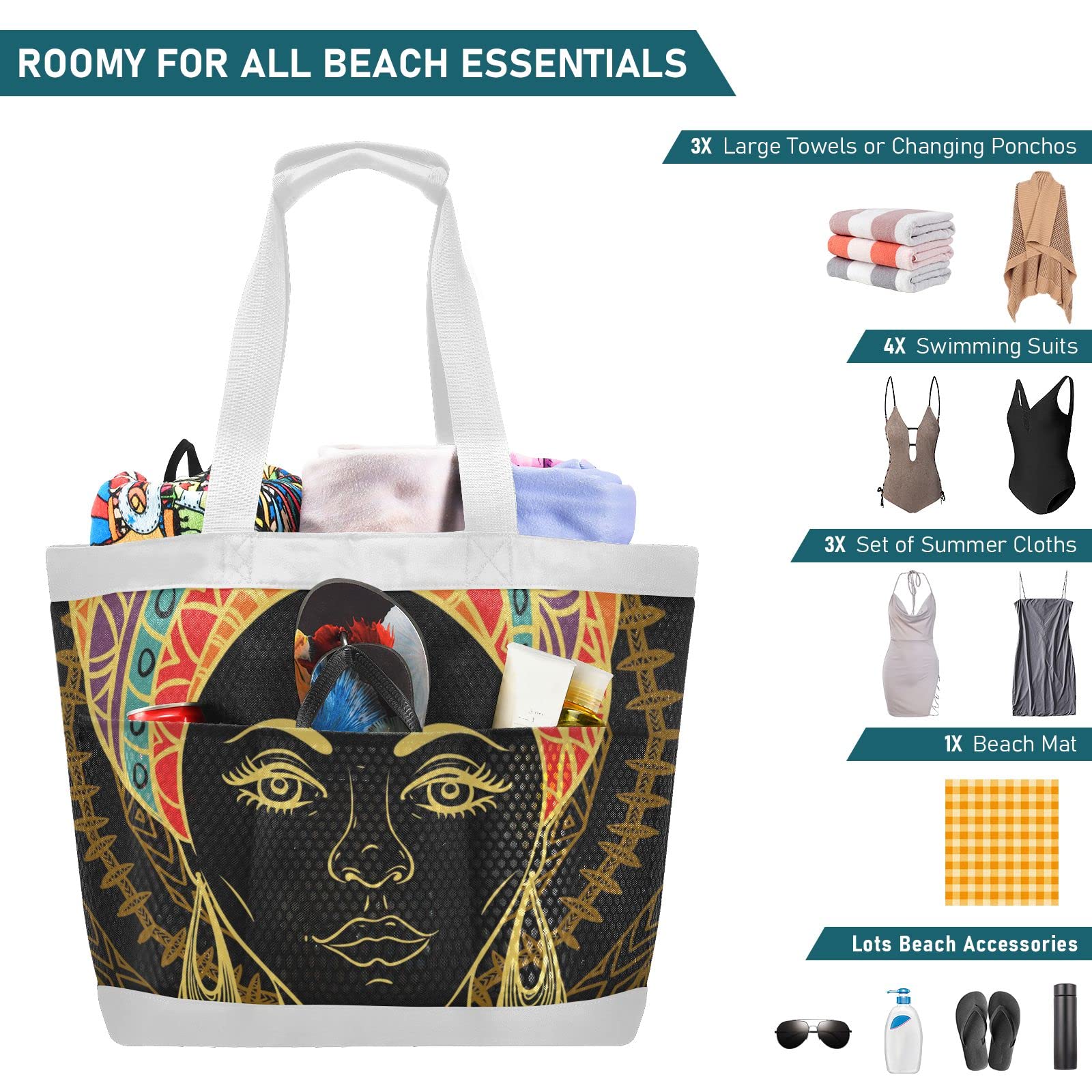 J JOYSAY African Print Mandala Mesh Beach Tote Bag - Large Waterproof Sandproof Beach Bag for Women, Travel, Pool & Vacation - Perfect for Carrying Toys, Towels & Essentials to Beach, Park & Picnic