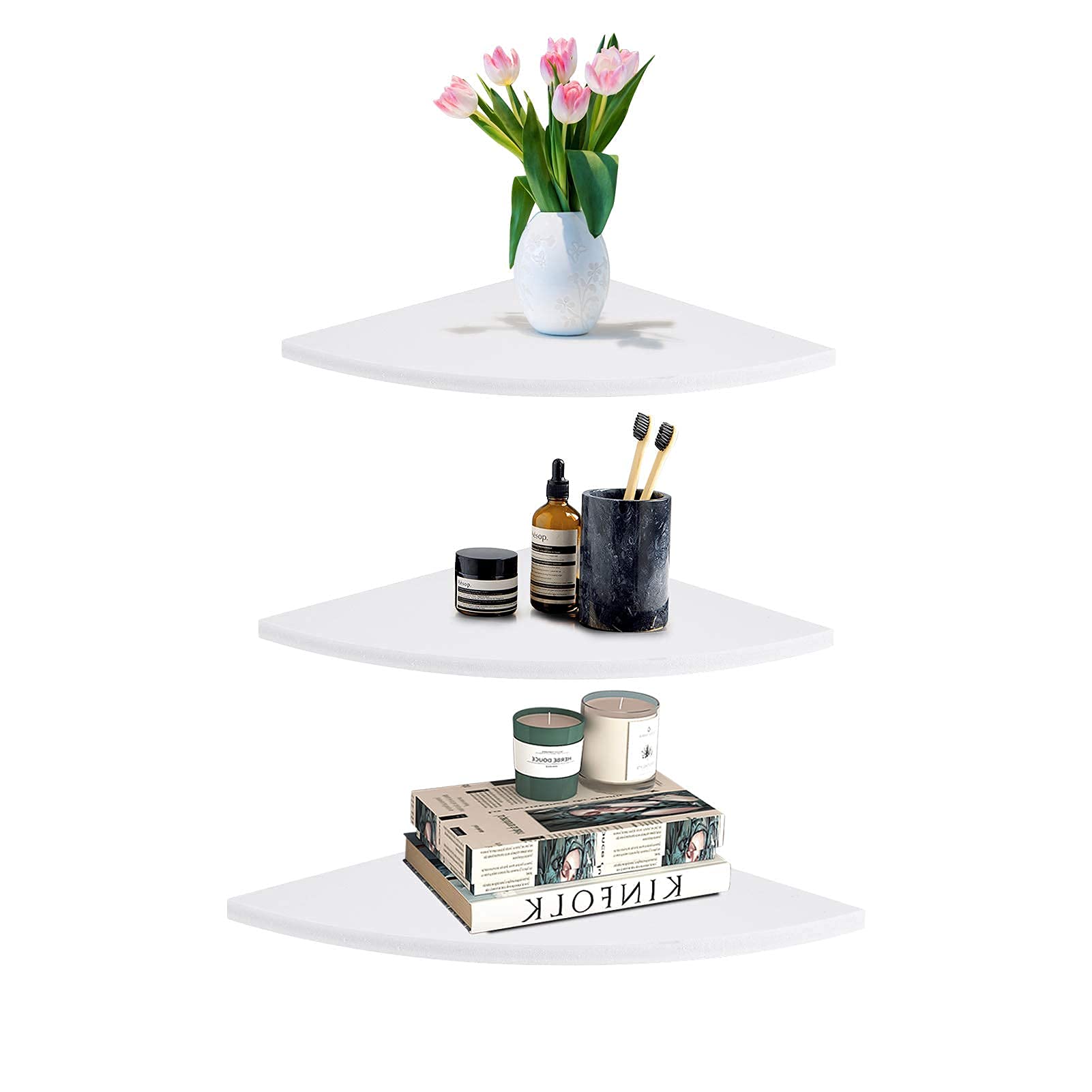 Greensen 3-Tier Floating Corner Shelf - Round End Wall Mounted PVC Shelves for Home Decor, Bedroom, Living Room, Bathroom, Kitchen & Office - White | Perfect for Small Spaces & Displaying Plants, Books & Decor Items