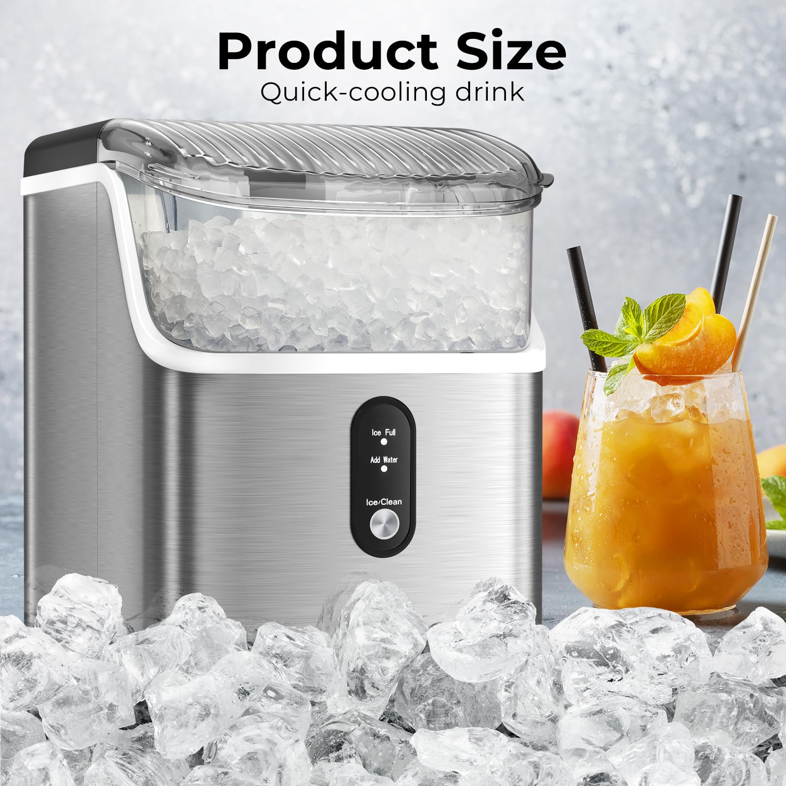 ZAFRO Nugget Ice Maker Machine - 35lbs/Day, Self-Cleaning Countertop Ice Maker with Removable Basket & Scoop, Stainless Steel - Perfect for Home, Office, Parties & Cocktails