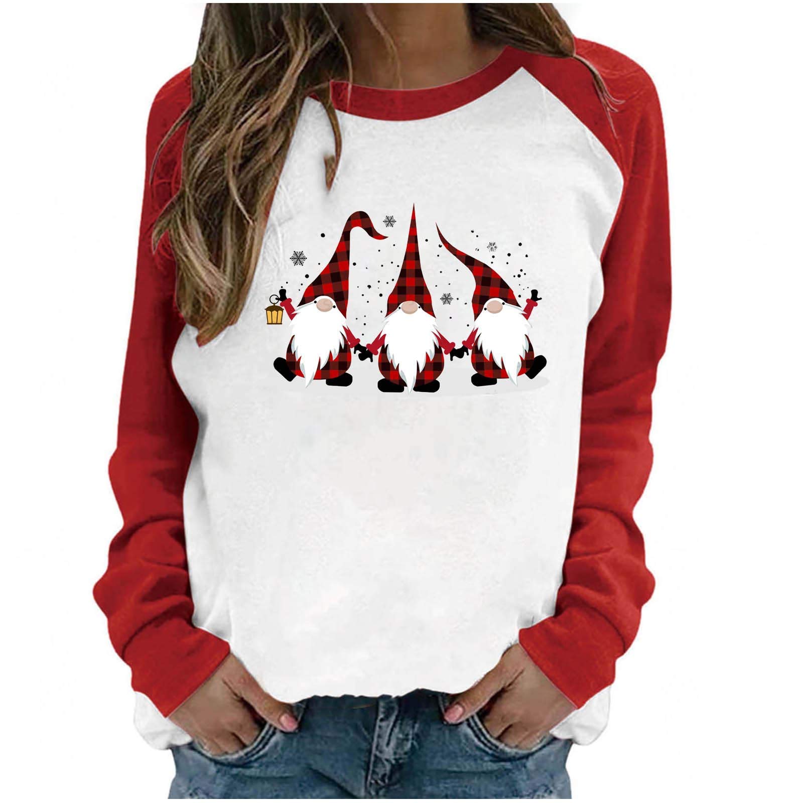 Festive Colorblock Christmas Shirts for Women - Santa Claus Graphic Long Sleeve Tees | Casual Holiday Outfits for Parties, Family Gatherings & Winter Outings