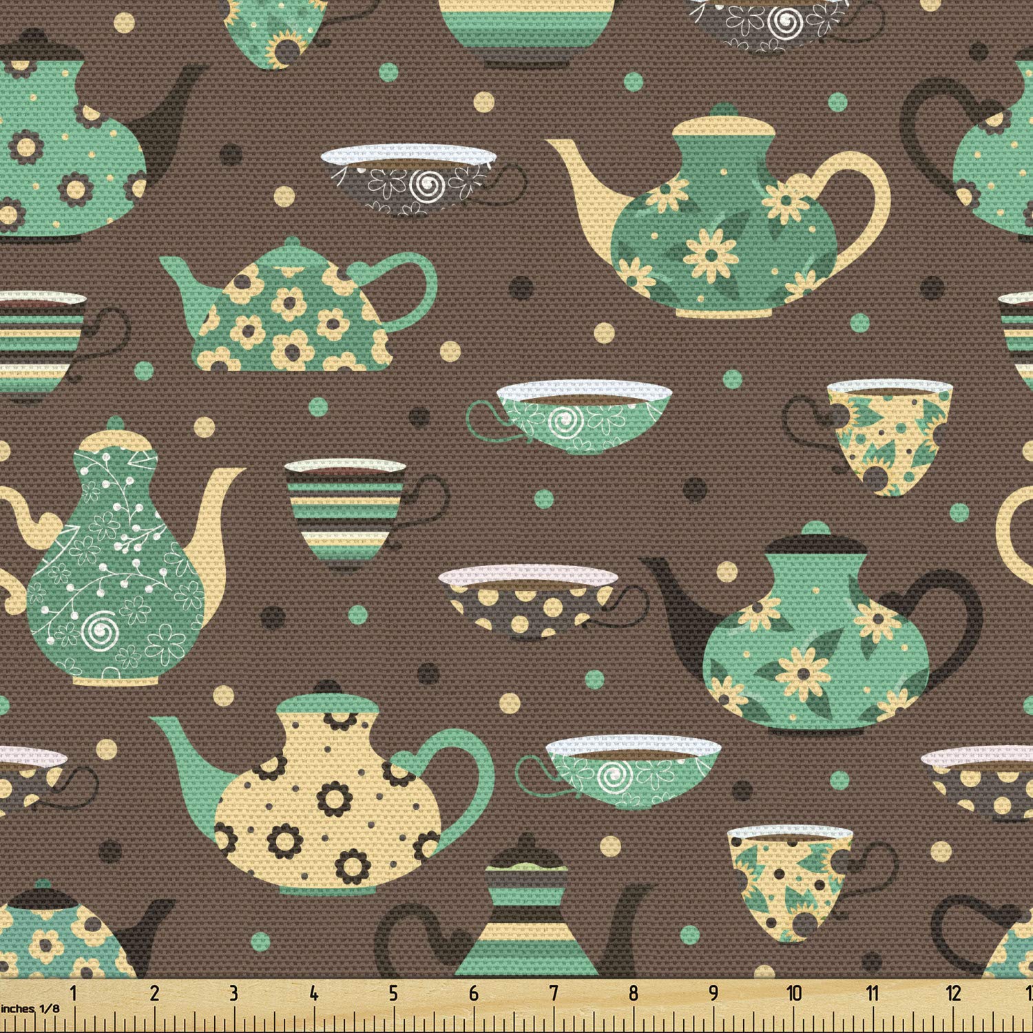 Ambesonne Tea Party Fabric by The Yard - Floral Cup & Pot Print on Dotted Brown Background | 10 Yards Upholstery Fabric for Sofa, Curtains & Home Decor | Perfect for DIY Crafts, Tablecloths & Throw Pillows