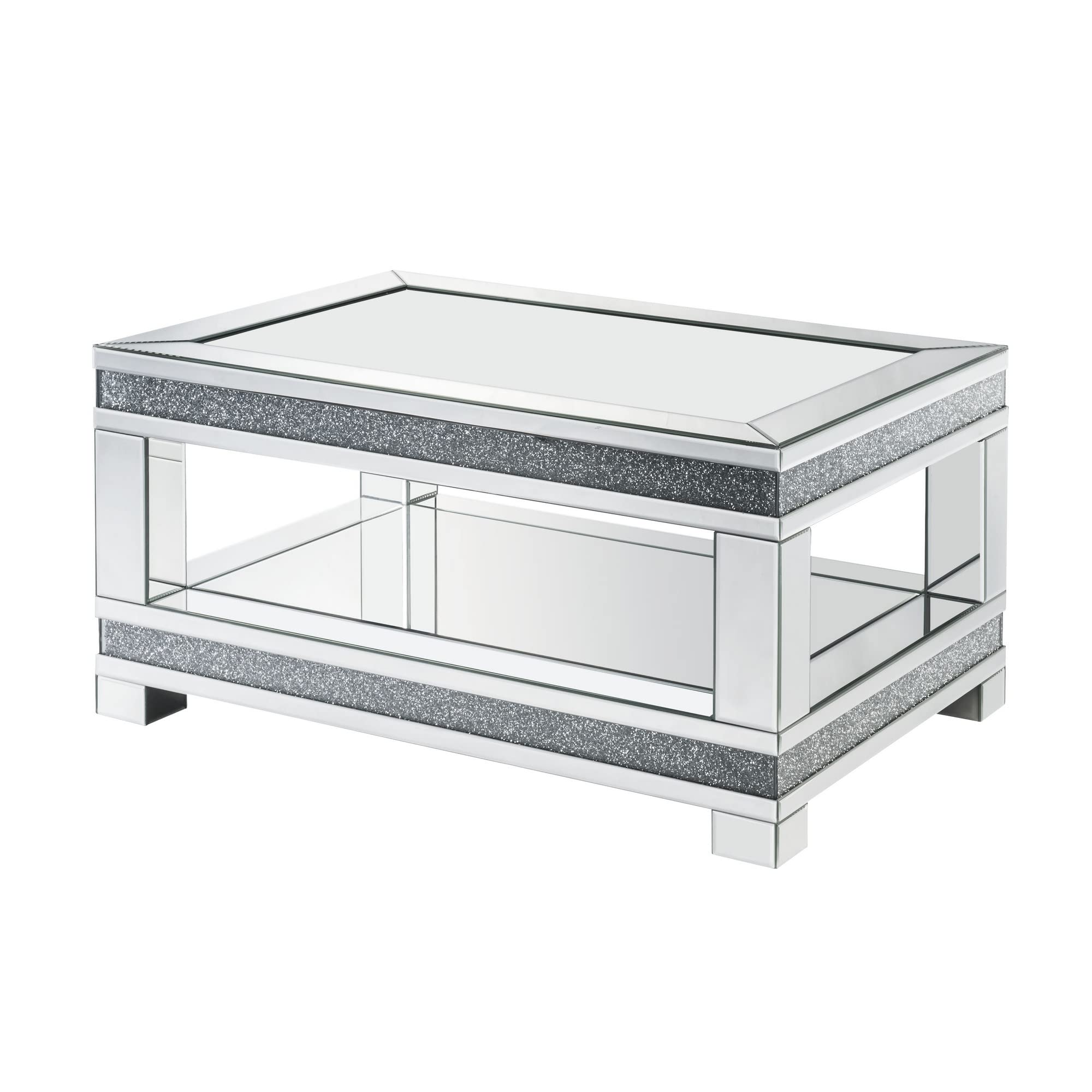 Benjara Modern Coffee Table with Open Shelf & Mirror Panels - Silver Finish | Stylish Living Room Centerpiece for Small Spaces & Contemporary Decor