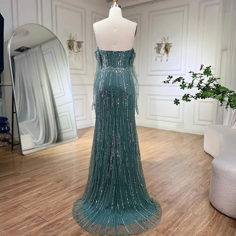 Elegant Light Blue Pearls Luxury Dubai Evening Dress - Strapless Gown LA71950 for Prom, Wedding, and Formal Events