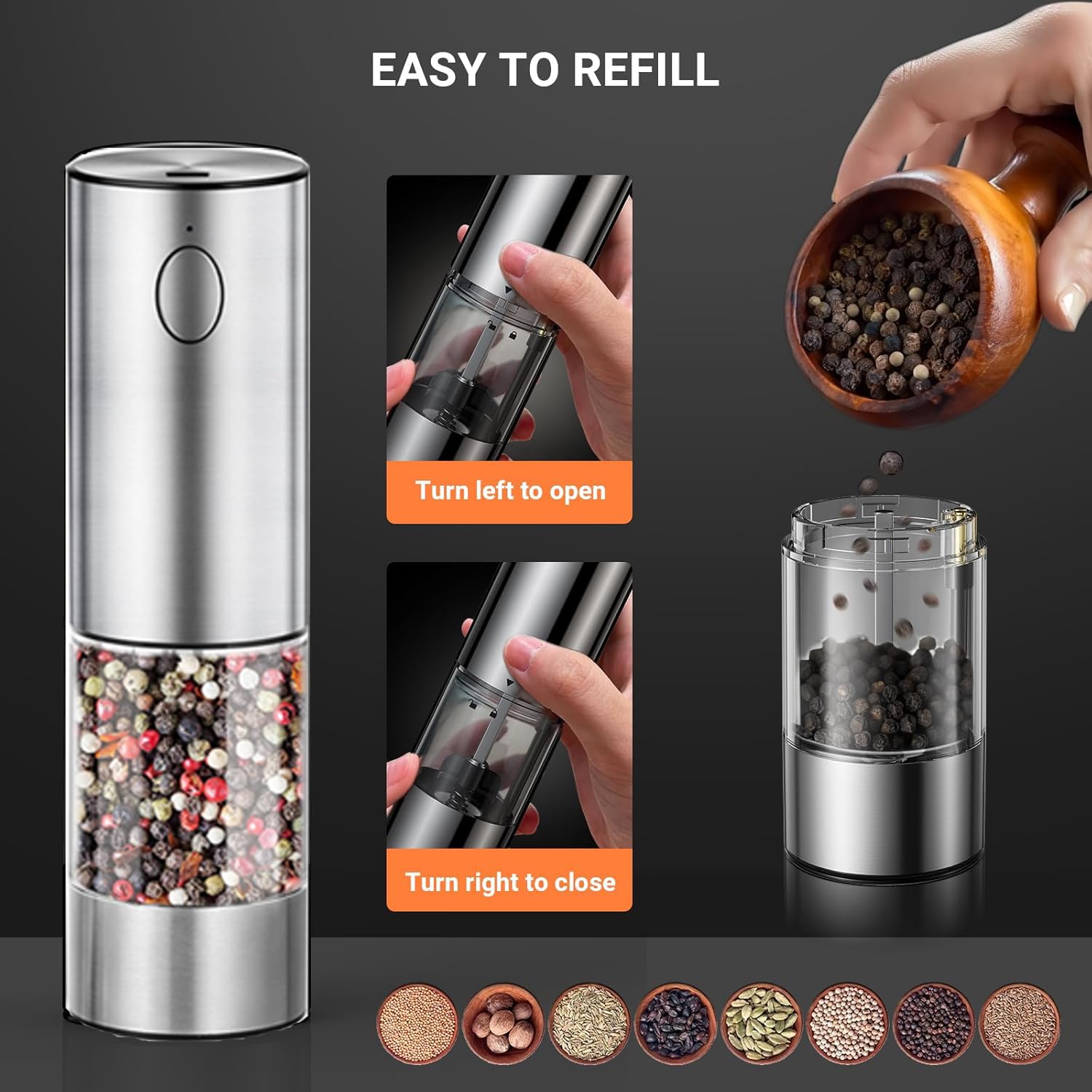 Premium Rechargeable Electric Pepper Grinder & Salt Mill - 5 Adjustable Coarseness Settings, Stainless Steel Body with LED Light - One-Hand Operation for Cooking, BBQ, Dining & Kitchen Use - Includes Storage Base & USB Charging