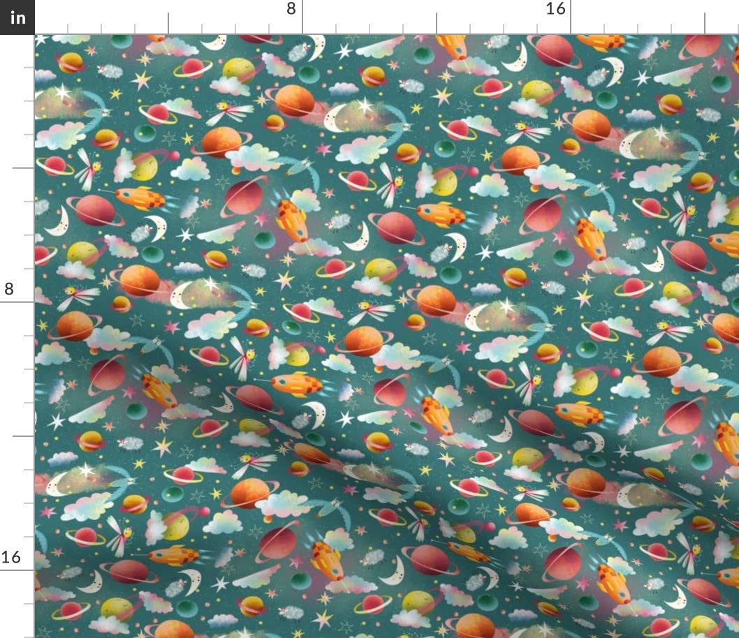 Planets Dream Space Flying Stars Moon Astronomy Printed Fabric - Petal Signature Cotton Fat Quarter for Sewing, Quilting, Apparel & Crafts | Perfect for DIY Home Decor, Space-Themed Bedding & Unique Gift Ideas