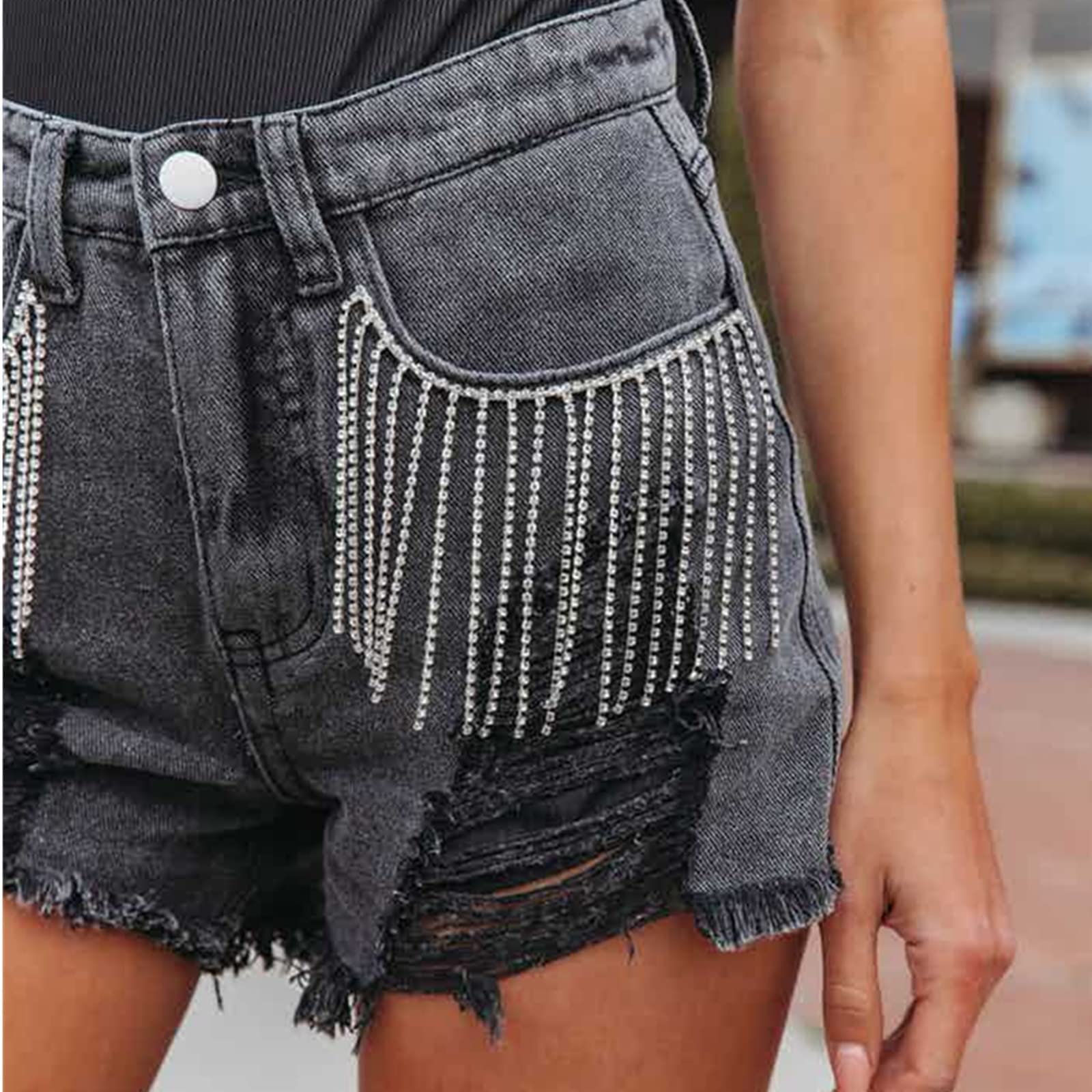 LifeShe Women's High Waist Denim Shorts with Frayed Hem & Rhinestone Tassels - Trendy Distressed Ripped Jeans for Summer Outfits, Beach Vacations and Casual Street Style